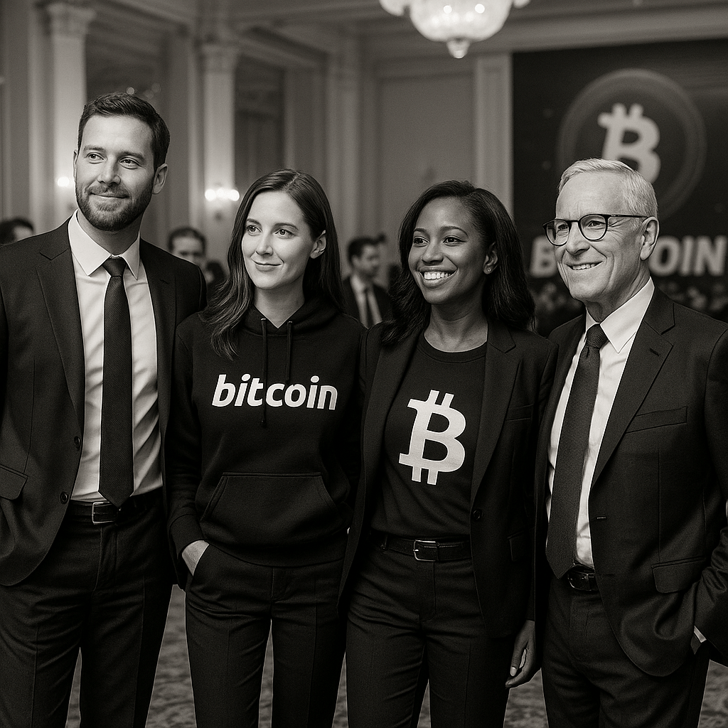 People wearing Bitcoin clothing from the orange habit at the Bitcoin Conference
