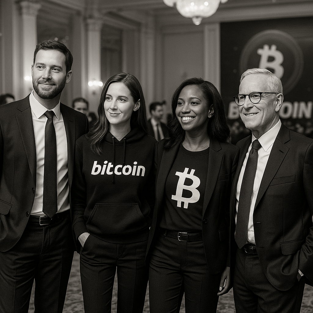 People wearing Bitcoin clothing from the orange habit at the Bitcoin Conference