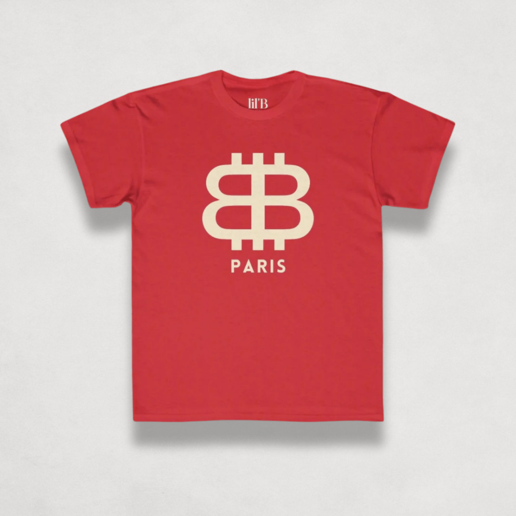 front view of the Bitcoin Paris red Kids Tee by lil'B