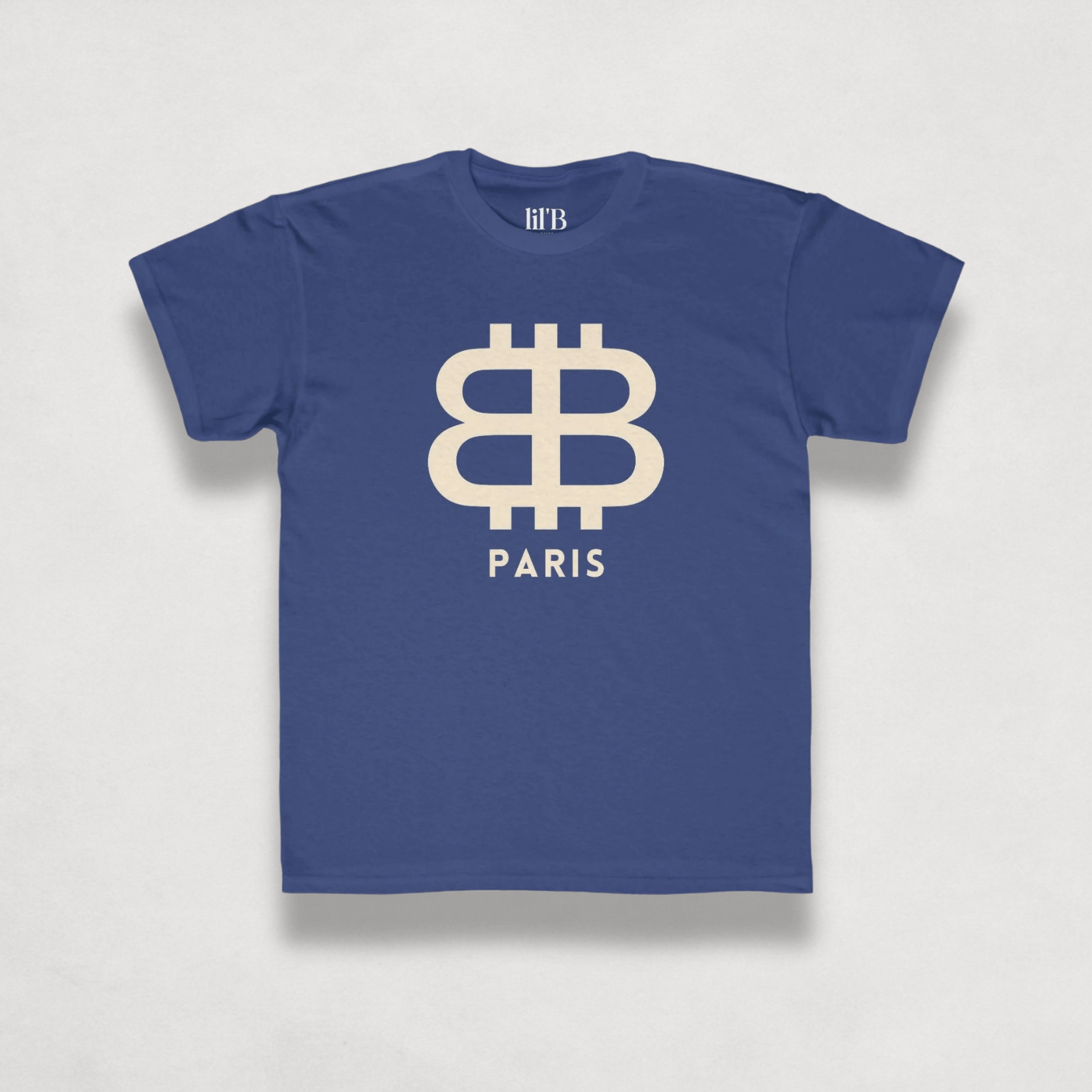 front view of the Bitcoin Paris Kids Tee in royal blue by lil'B