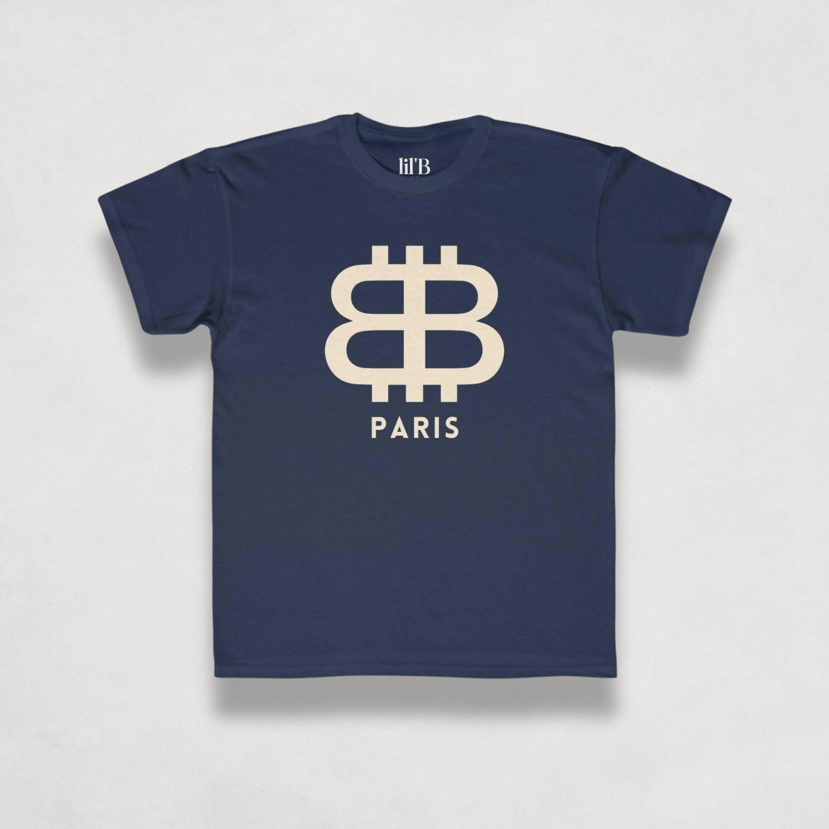 front view of the Bitcoin Paris Navy blue Kids Tee by lil'B | The Orange Habit