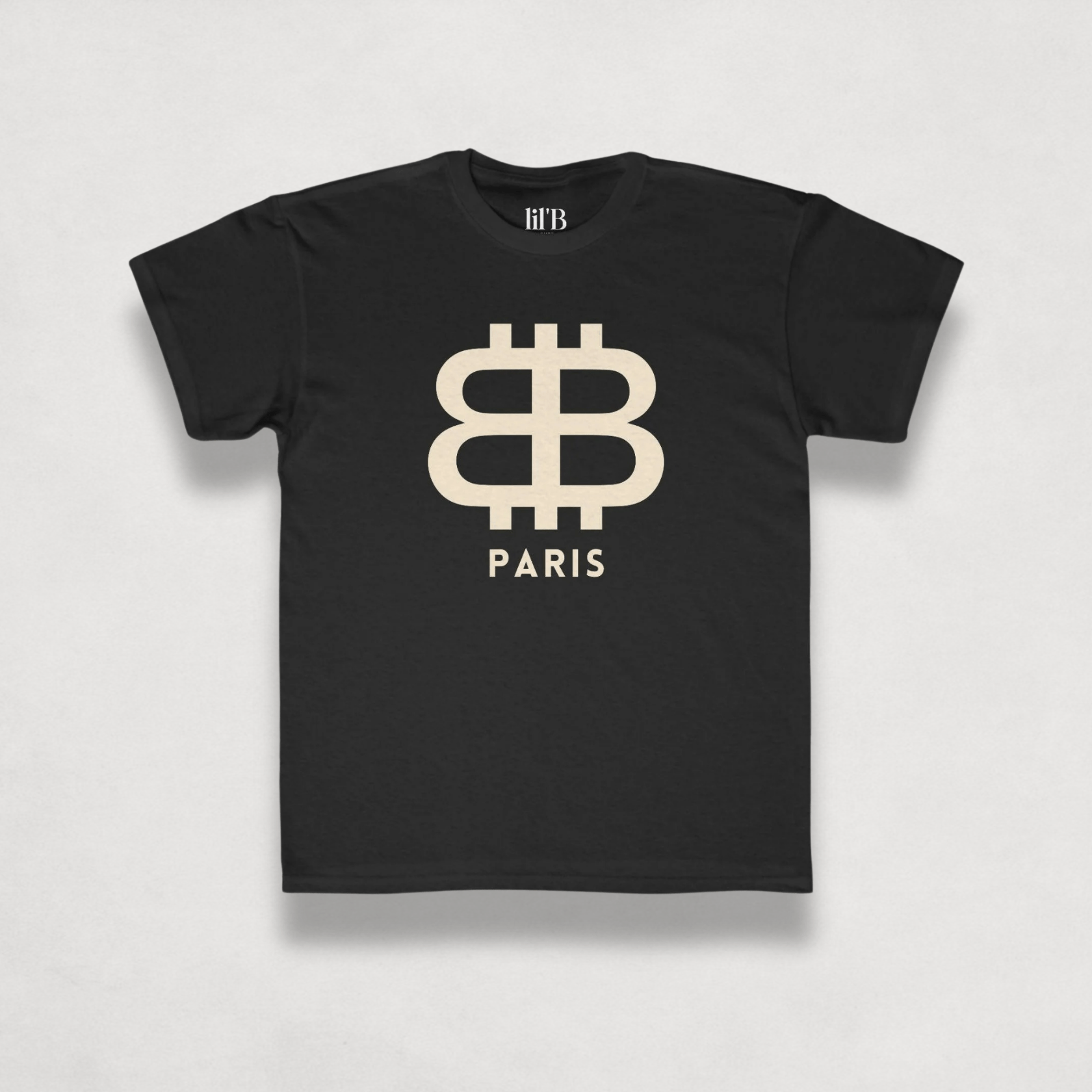 front view of the Bitcoin Paris Kids Tee in black by lil'B | The Orange Habit