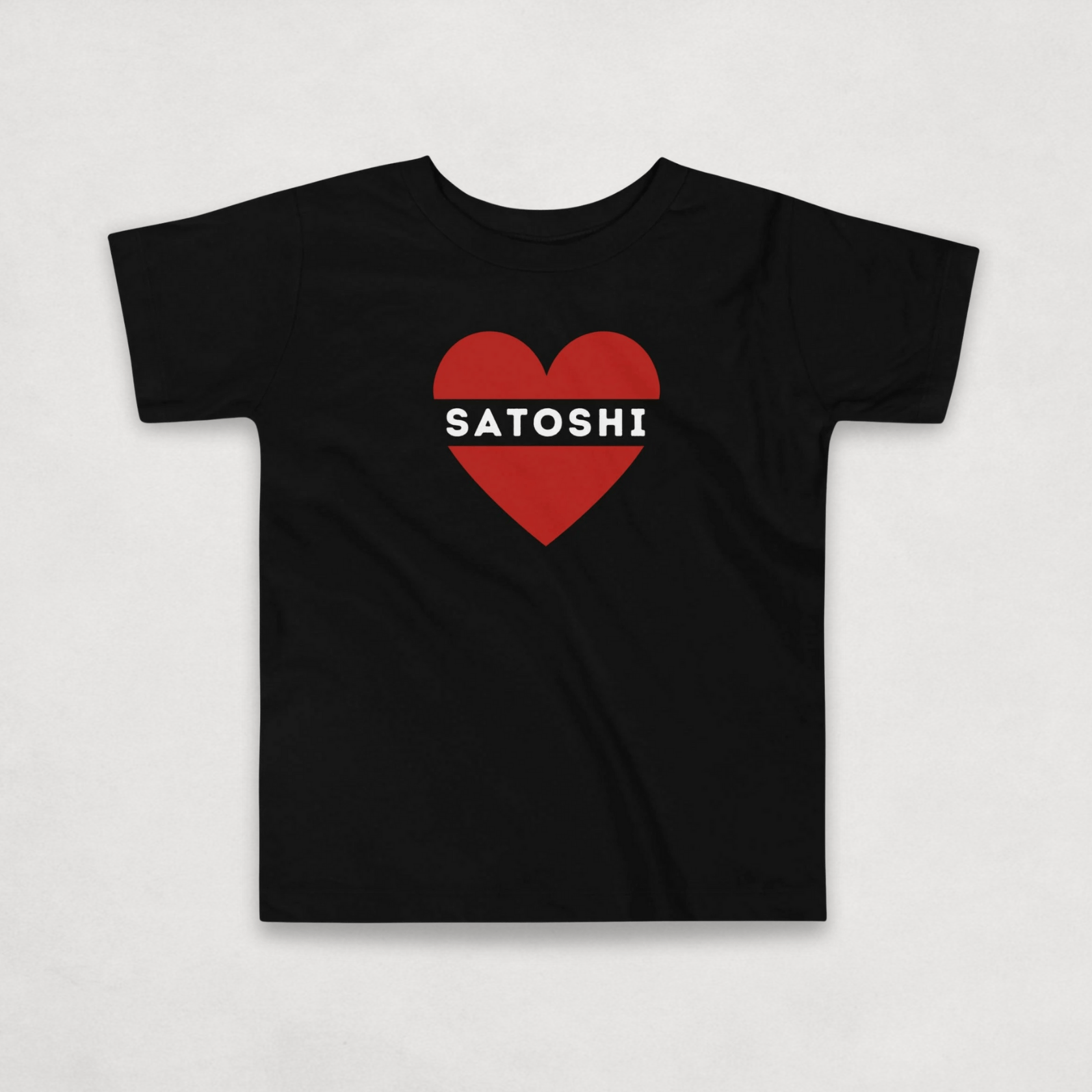 I heart satoshi black toddler bitcoin t-shirt with a red heart and white satoshi lettering by lil'B