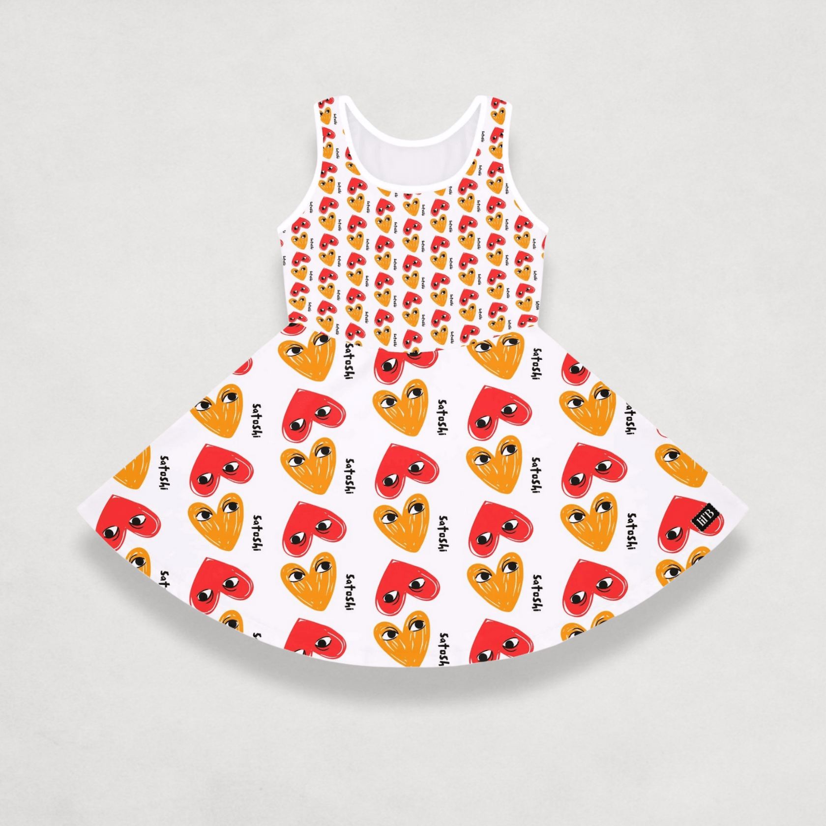 front of the I heart Satoshi Girls Bitcoin Dress by lil'B at The Orange Habit