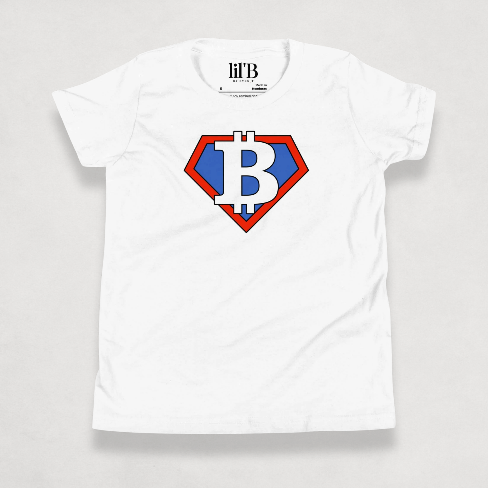 Front of the White Bitcoin Tee for kids from the Super B Collection by li'B