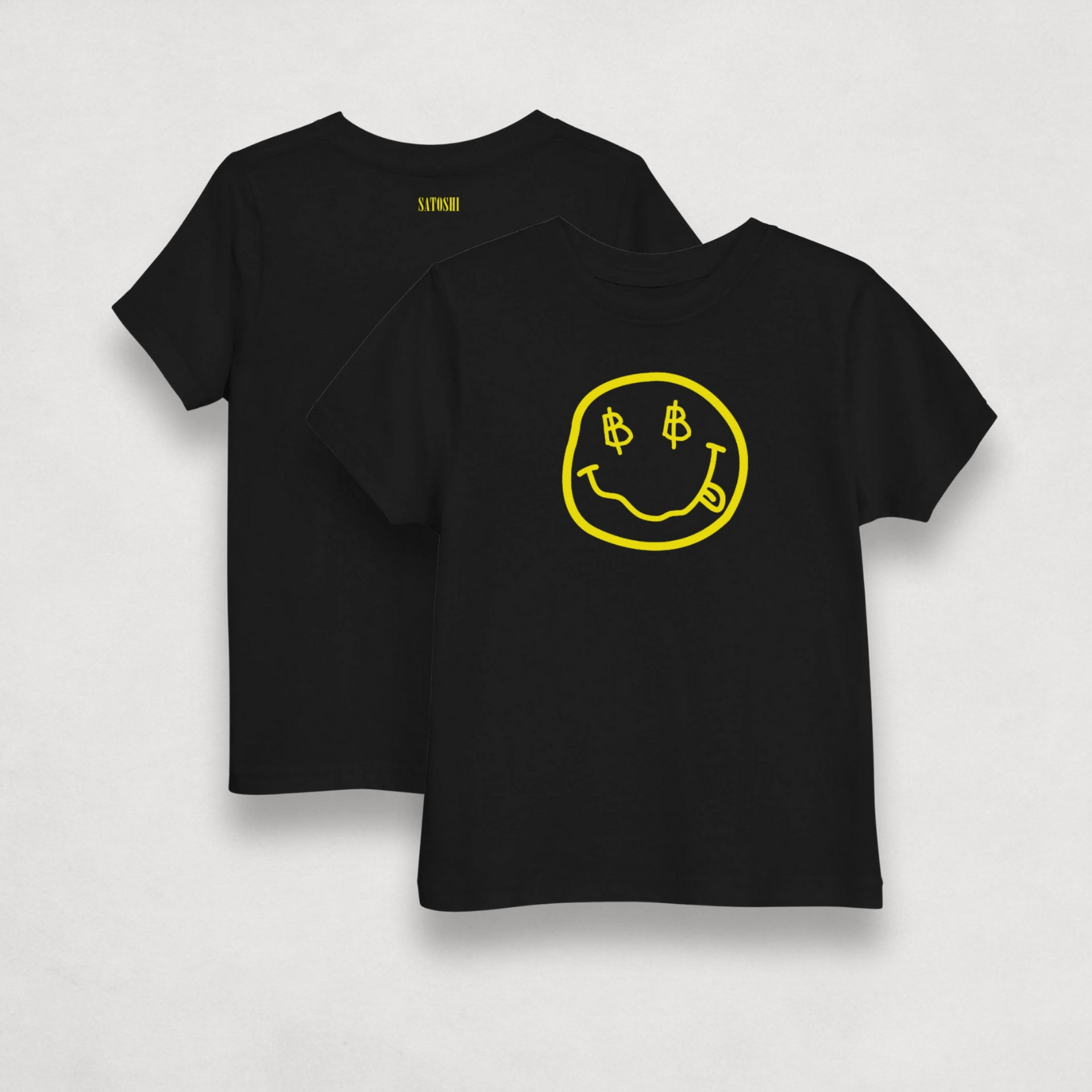 Front and back of the Satoshi Smiles Kids Black Bitcoin T-shirt by lil'B