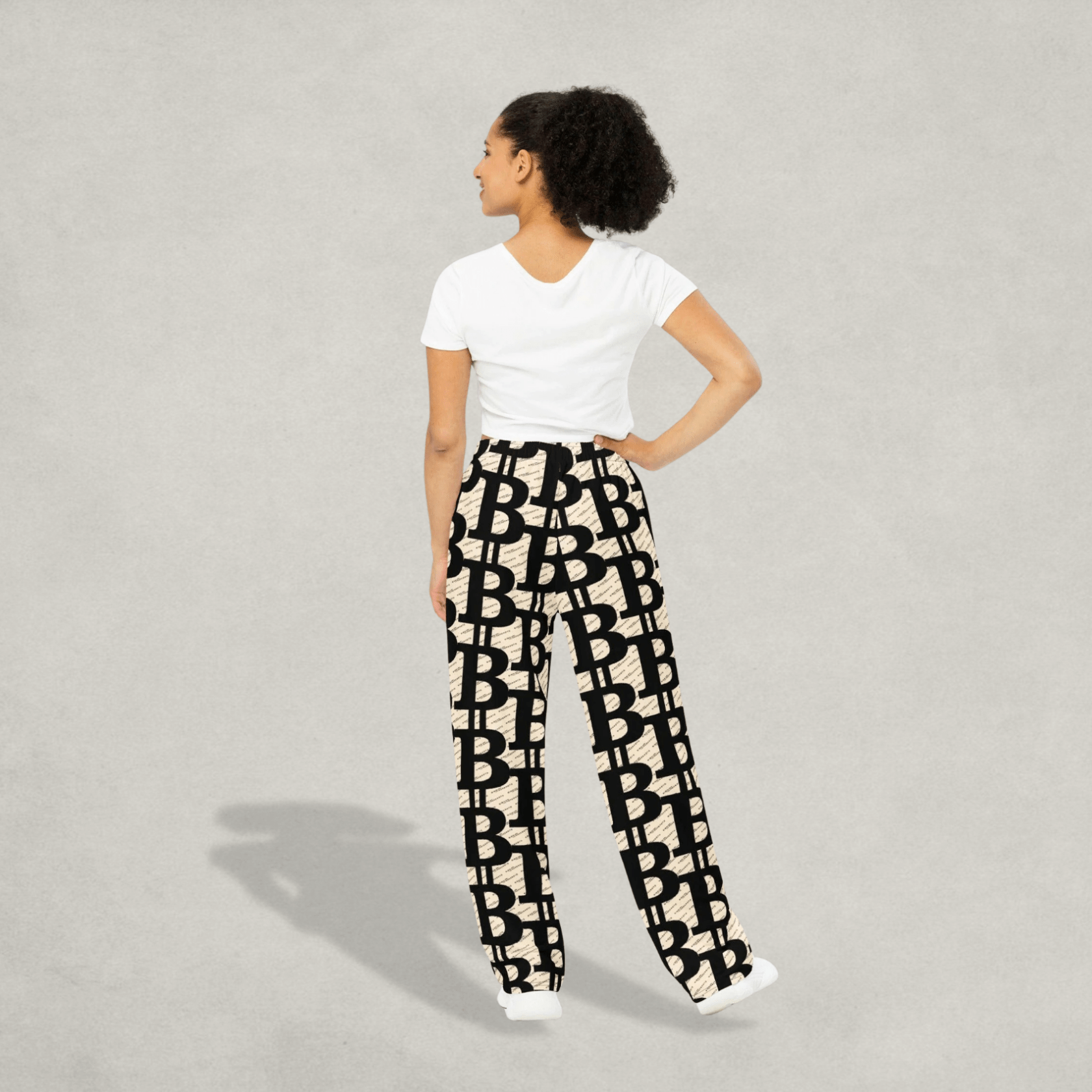 Woman wearing the Bitcoin Pants from The B Collection by Nikki Nakamoto
