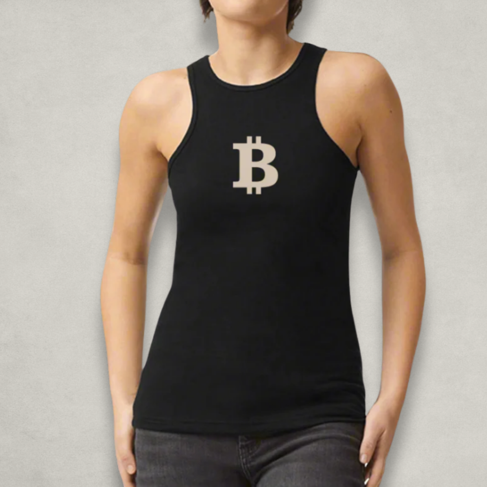 Women wearing the Bitcoin B Black Racerback Tank Top by Nikki Nakamoto