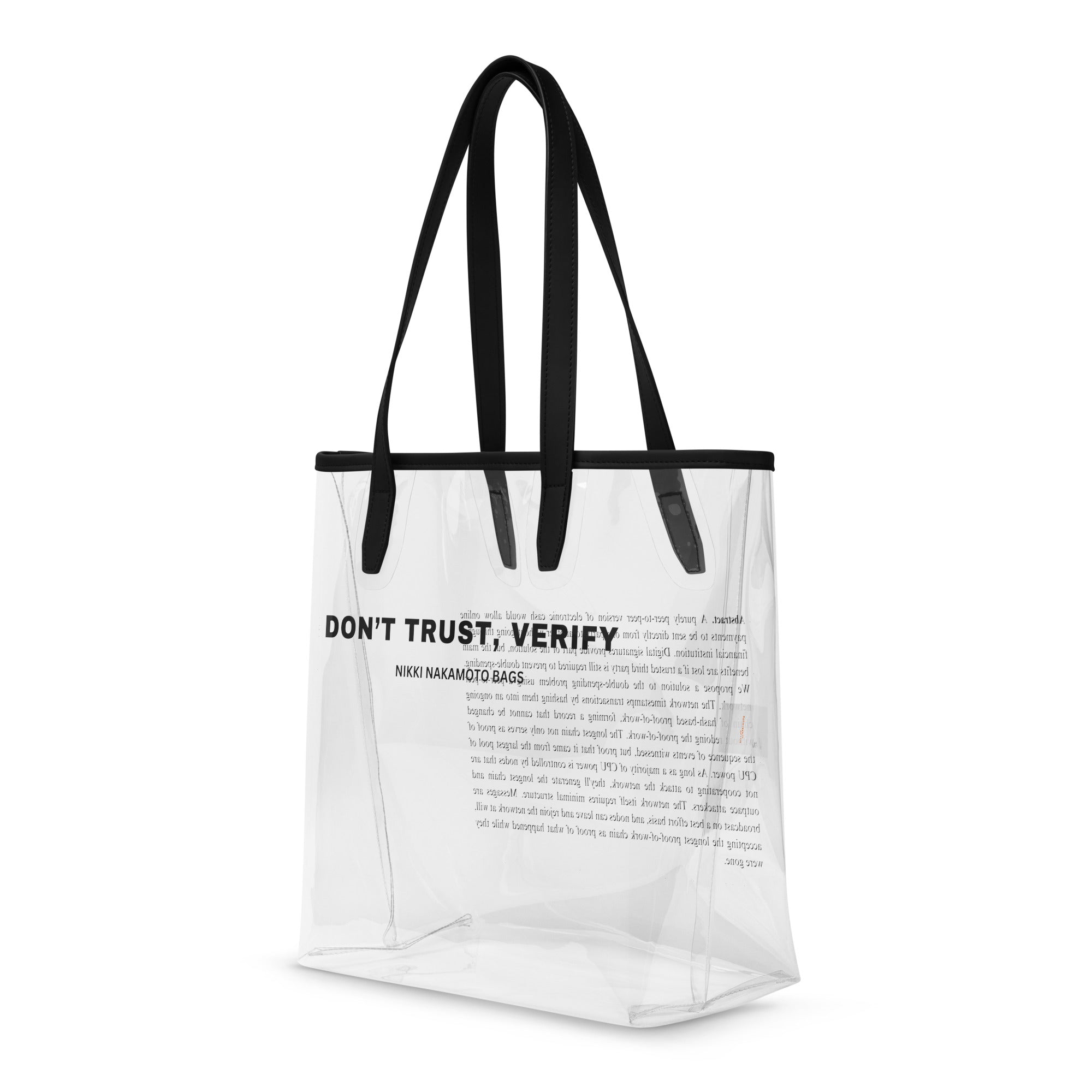 Don't Trust, Verify clear stadium Bitcoin tote by Nikki Nakamoto