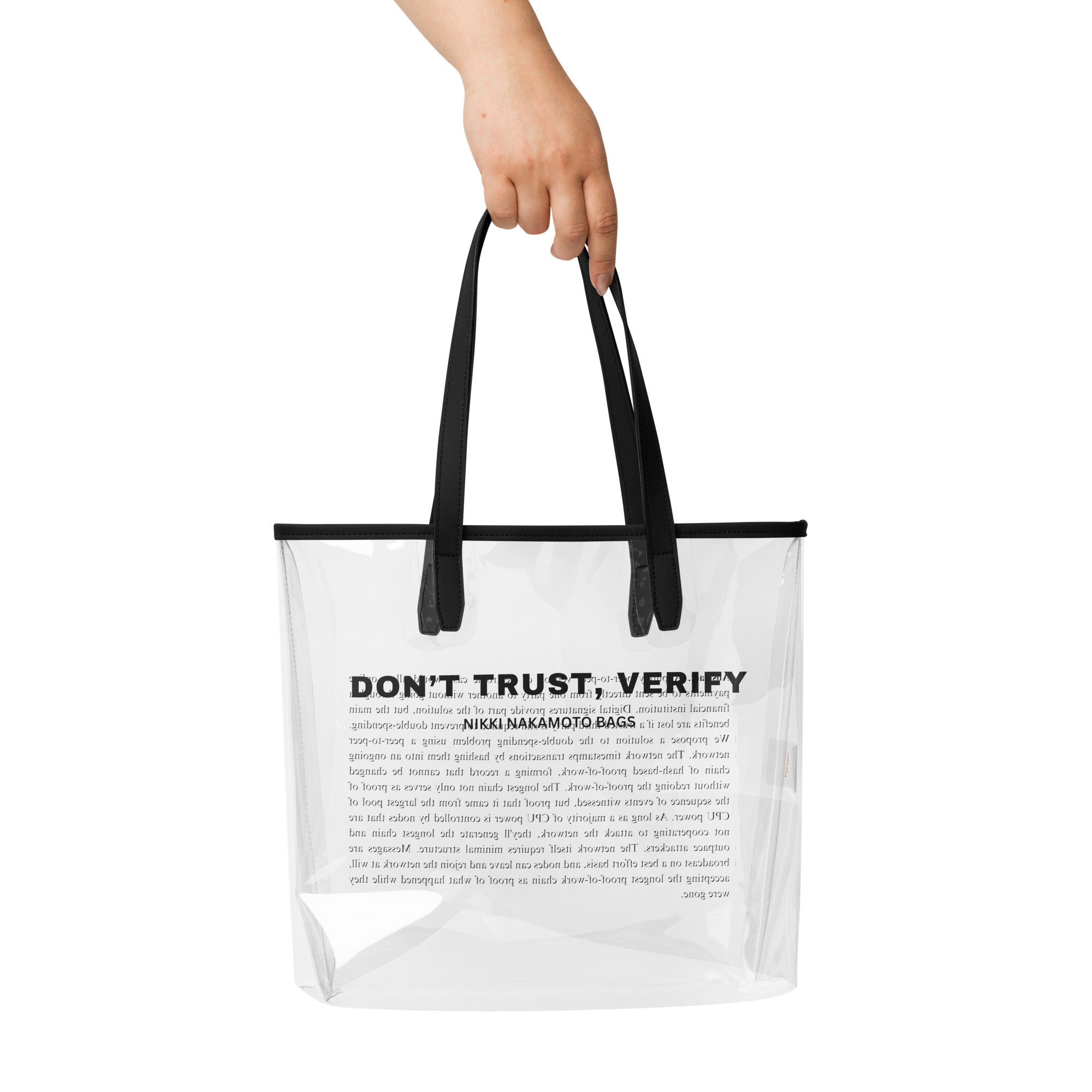 Don't Trust, Verify / Clear Bitcoin Tote - Nikki Nakamoto Bags - The Orange Habit