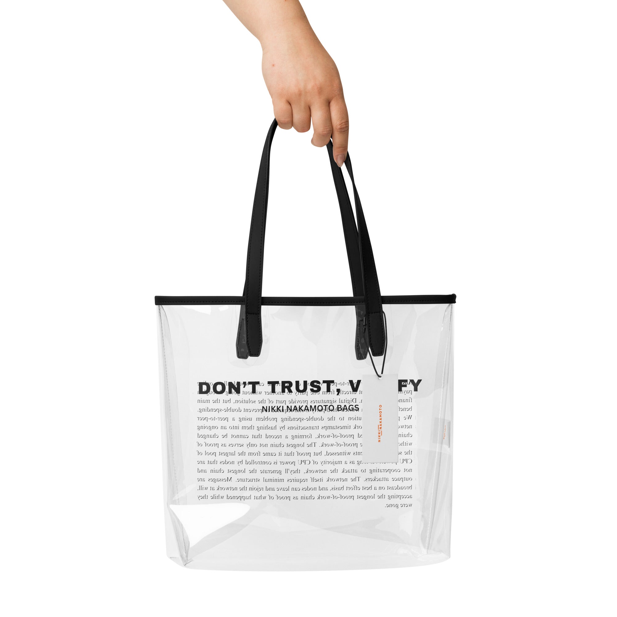 Don't Trust, Verify / Clear Bitcoin Tote - Nikki Nakamoto Bags - The Orange Habit