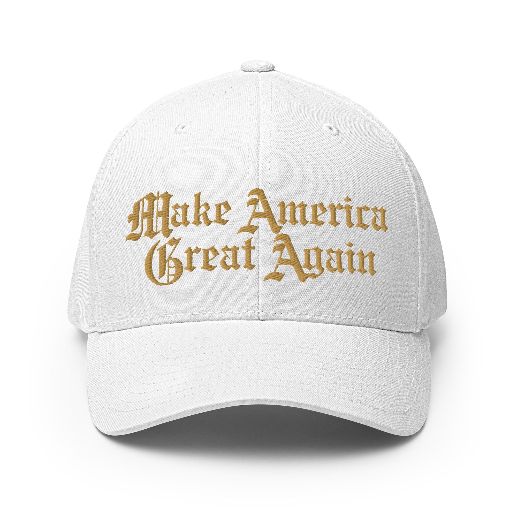 White MAGA hat with gold embroidery by SVRN_T, featuring a curved visor and structured athletic fit, photographed on a white background.