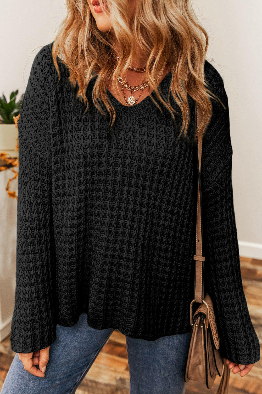 Boutique / Openwork Round Neck Long Sleeve Sweater The Orange Habit | Bitcoin Clothing & Apparel.