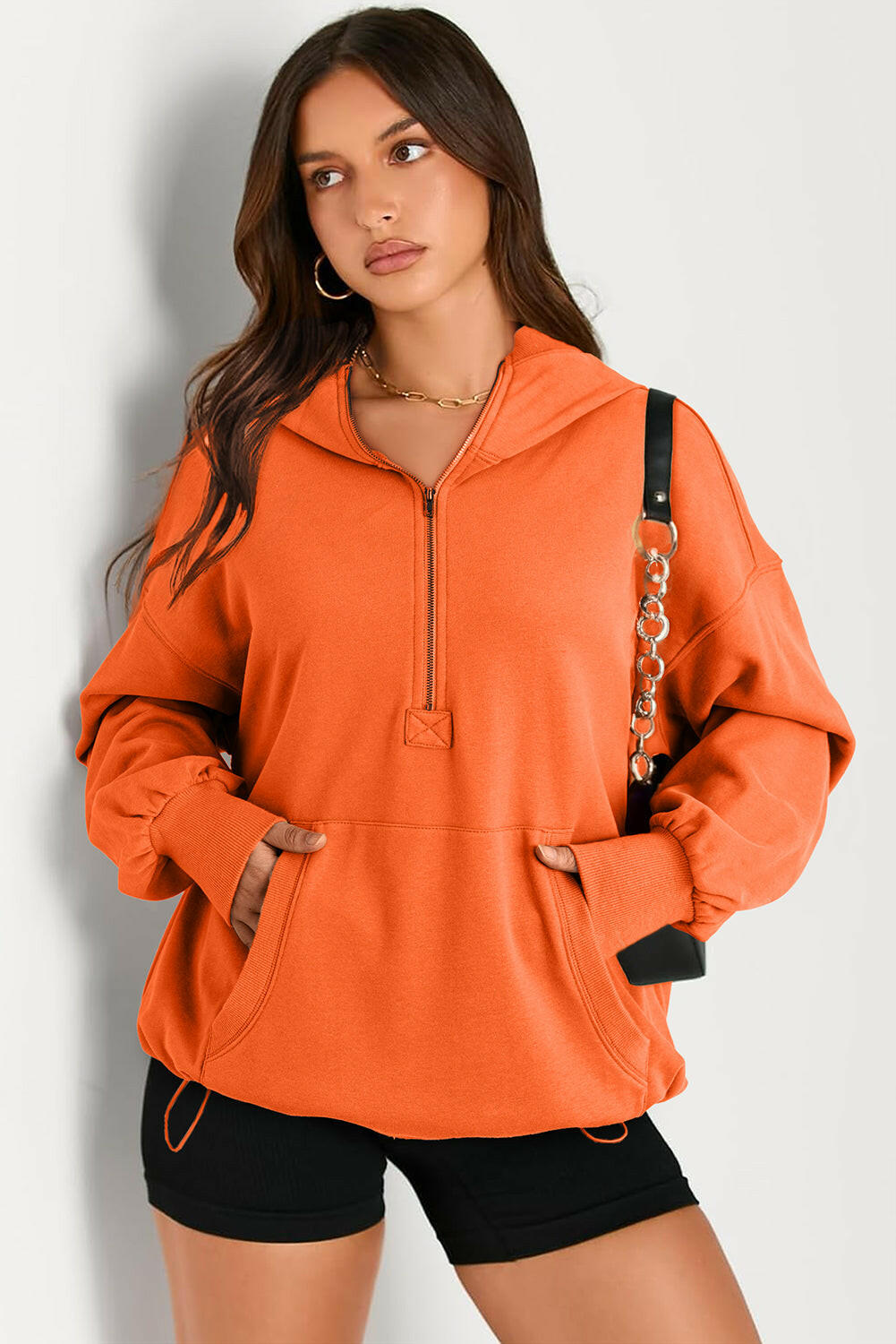 Boutique / Pocketed Half Zip Long Sleeve Hoodie The Orange Habit | Bitcoin Clothing & Apparel.