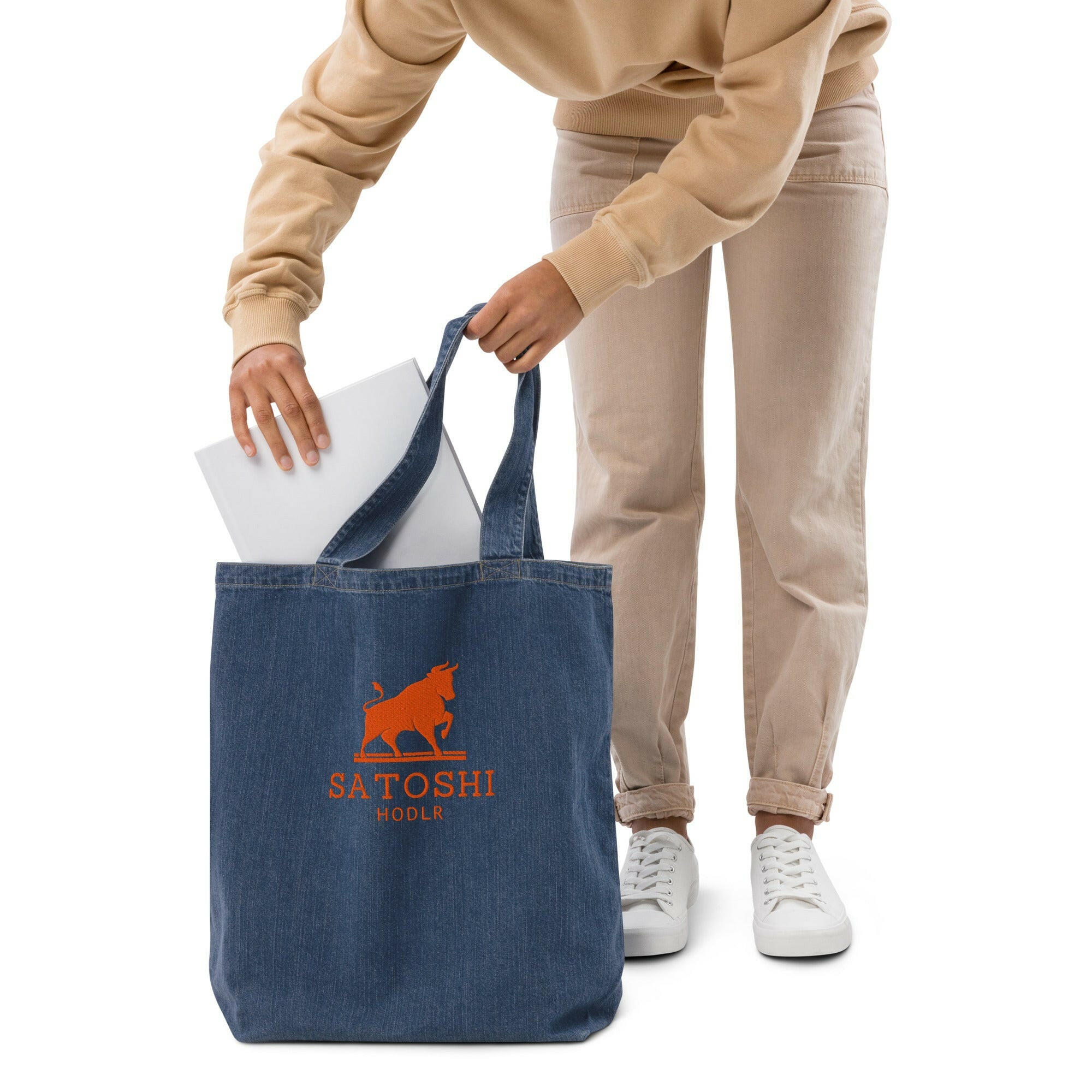 SATOSHI HODLR / Embroidered Organic Bitcoin Tote - Nikki Nakamoto Bags - The Orange Habit