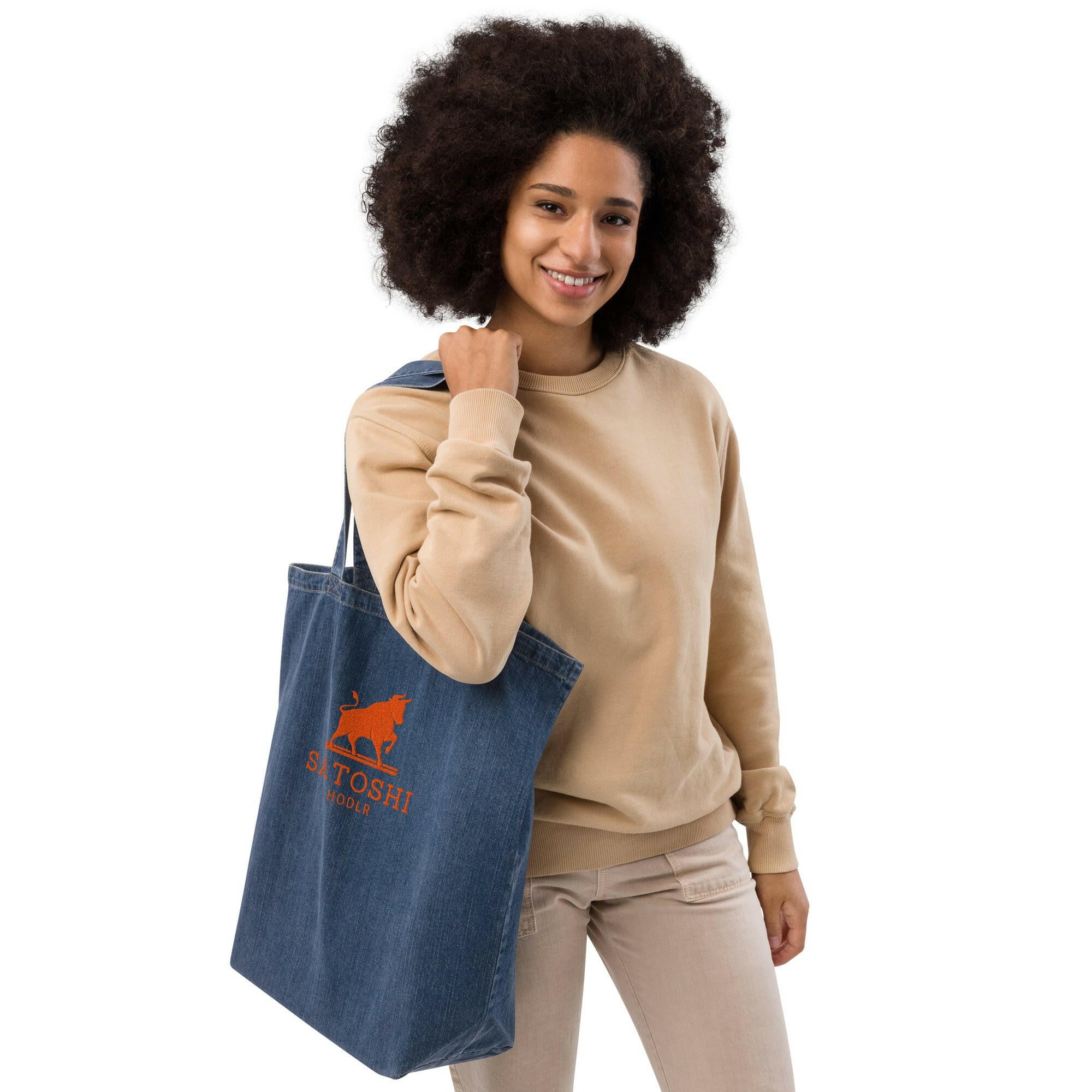 SATOSHI HODLR / Embroidered Organic Bitcoin Tote - Nikki Nakamoto Bags - The Orange Habit