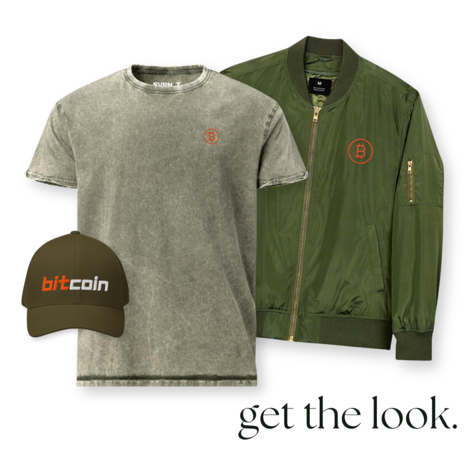 Green Bitcoin t-shirt, green jacket, and cap with Bitcoin logo on a white background