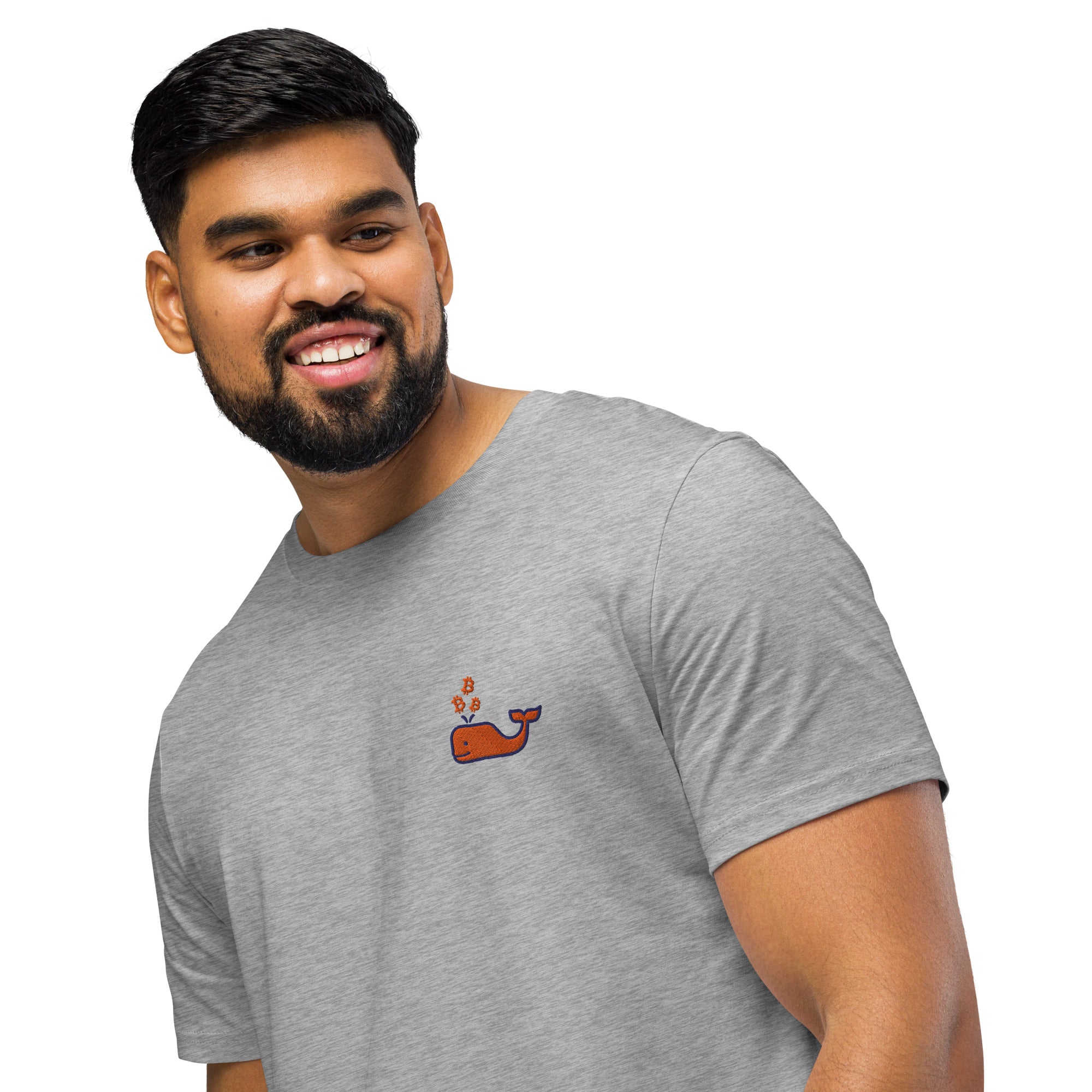Nautical B / Embroidered Organic Mid-Light Tee grey close up on model | The Orange Habit