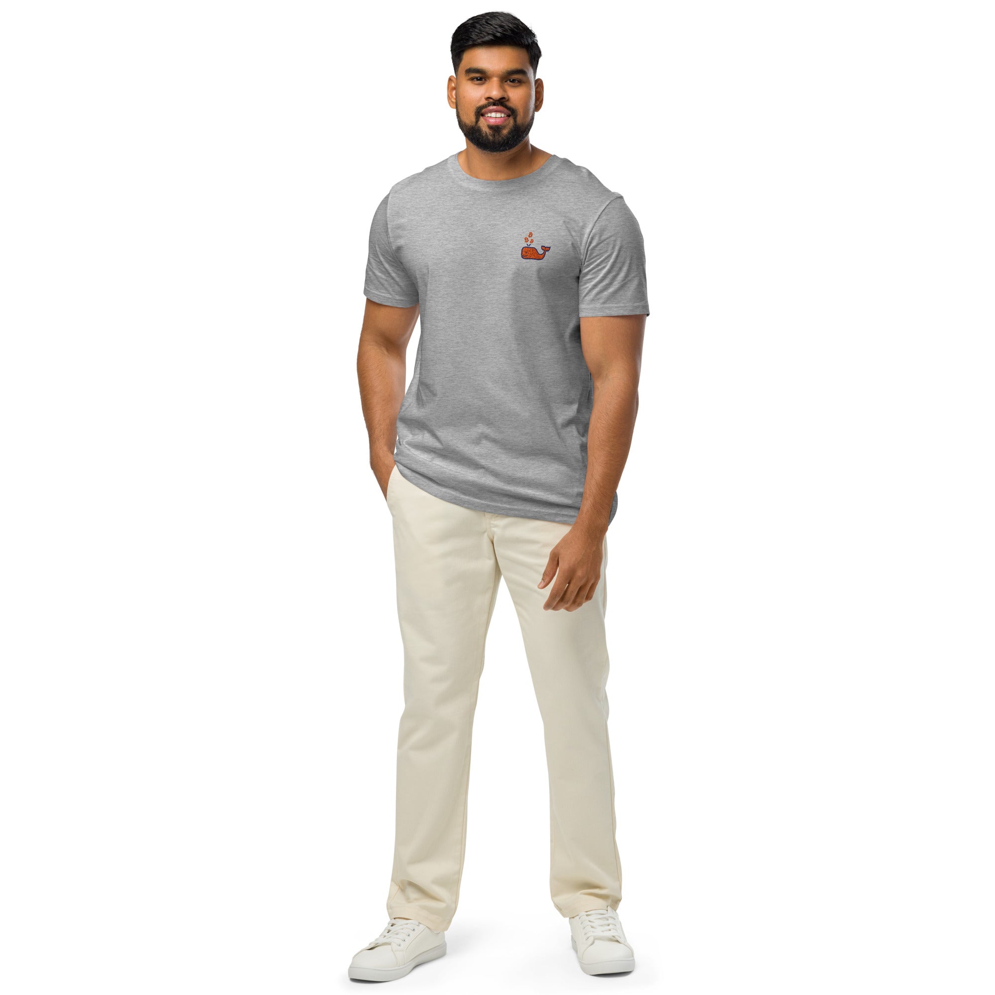 Nautical B / Embroidered Organic Mid-Light Tee grey on model | The Orange Habit
