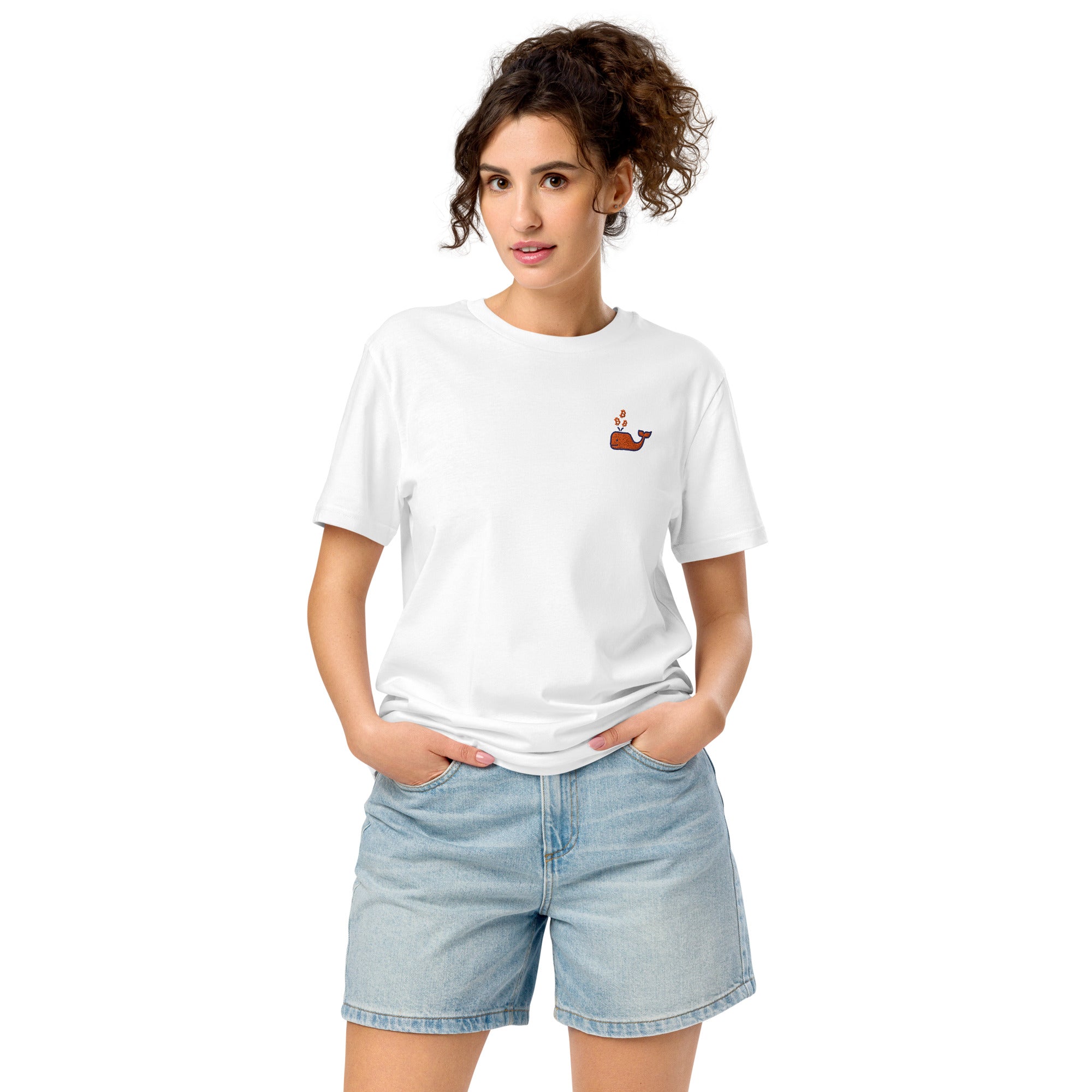 Nautical B / Embroidered Organic Mid-Light Tee white tee on model | The Orange Habit