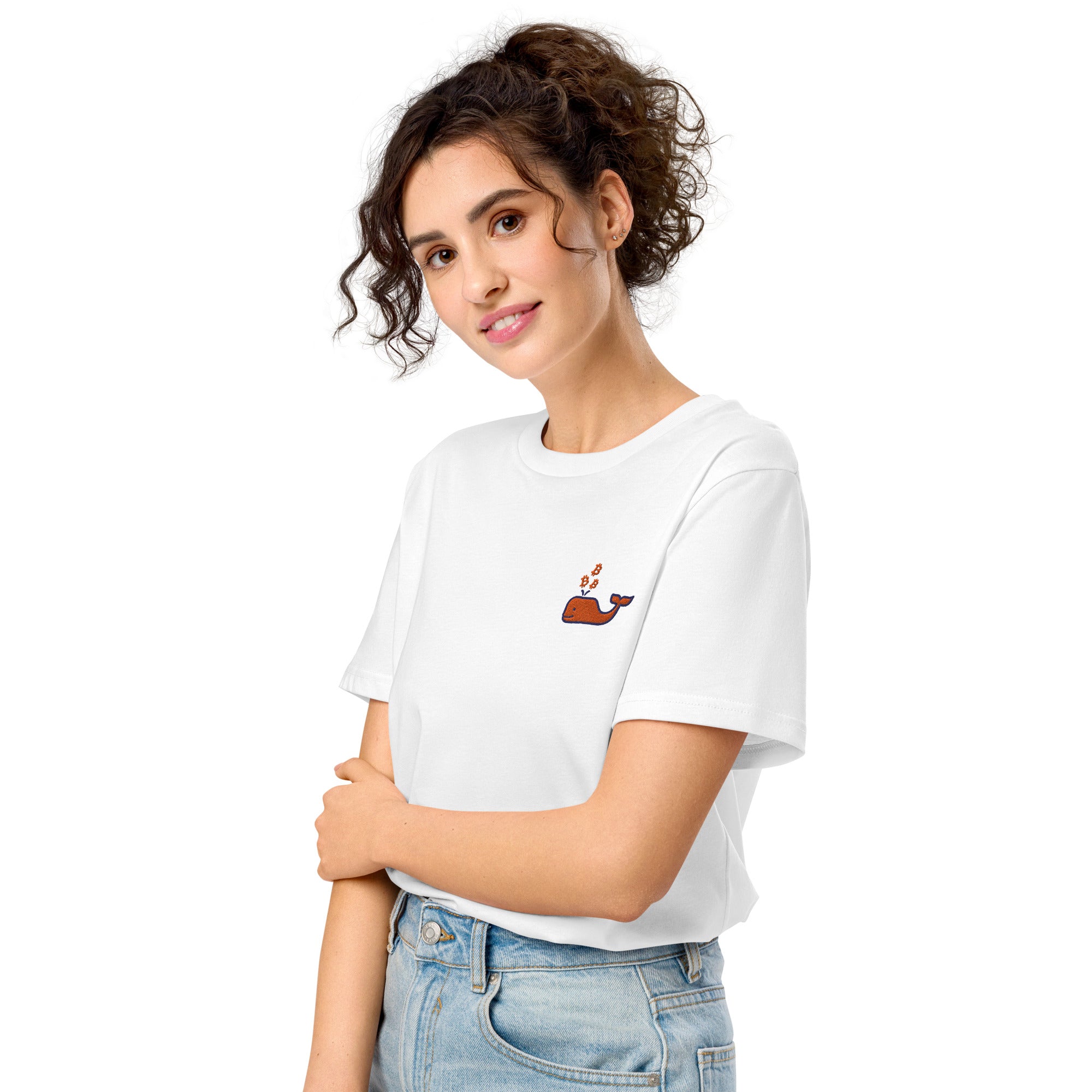 Nautical B / Embroidered Organic Mid-Light Tee white tee close up on model | The Orange Habit