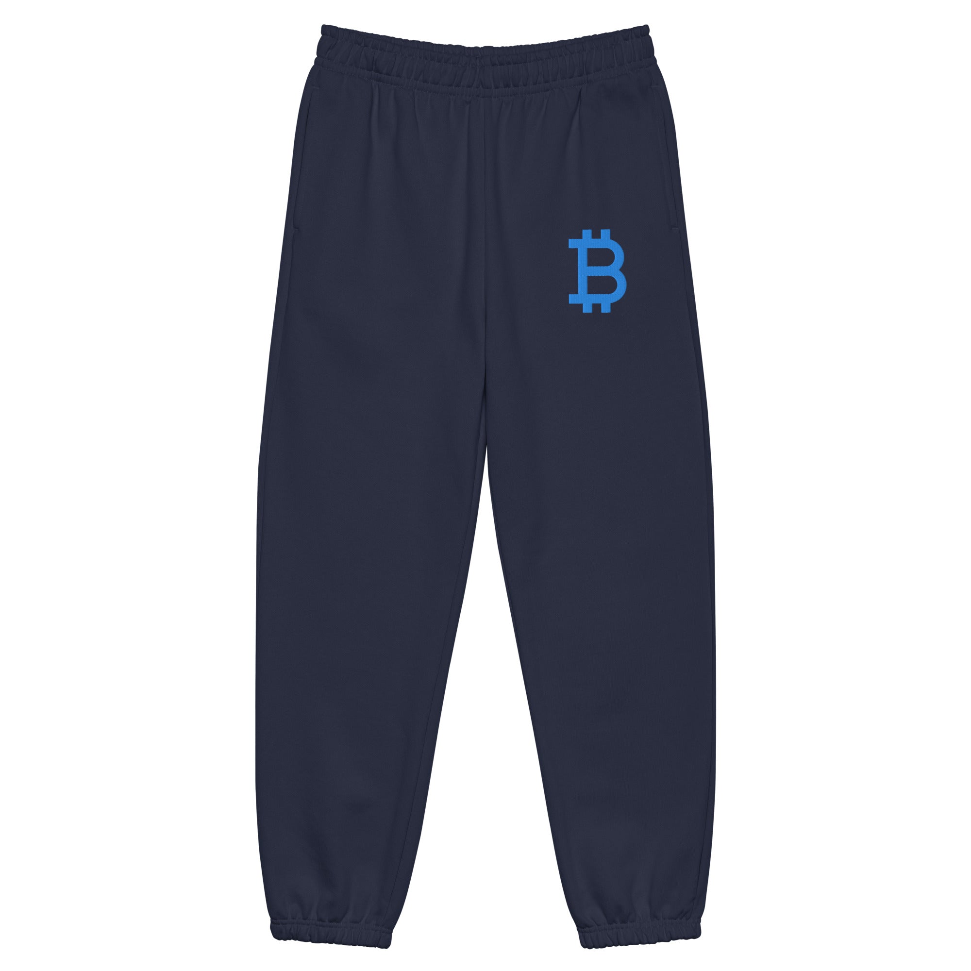 blue sweatpants by SVRN_T with a light blue embroidered bitcoin B | The Orange Habit