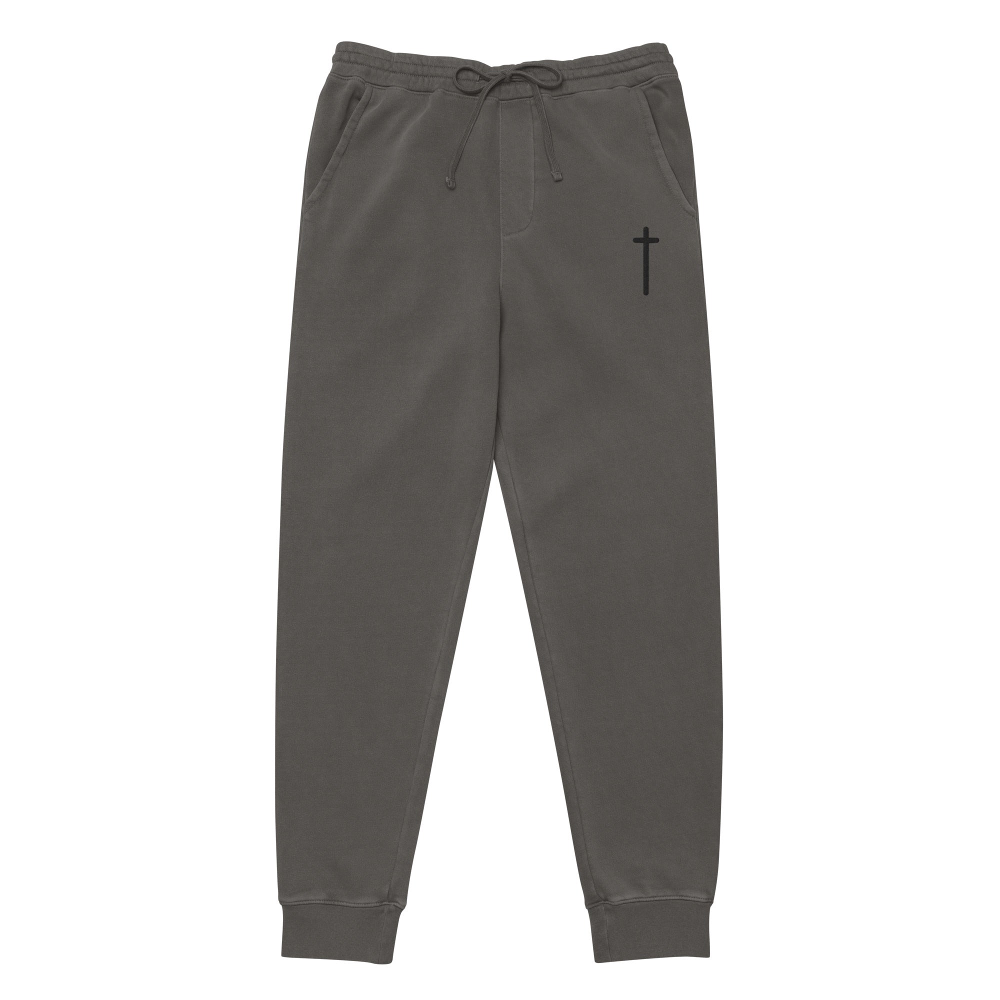 Pigment dyed black premium sweatpants with black embroidered cross by praise society