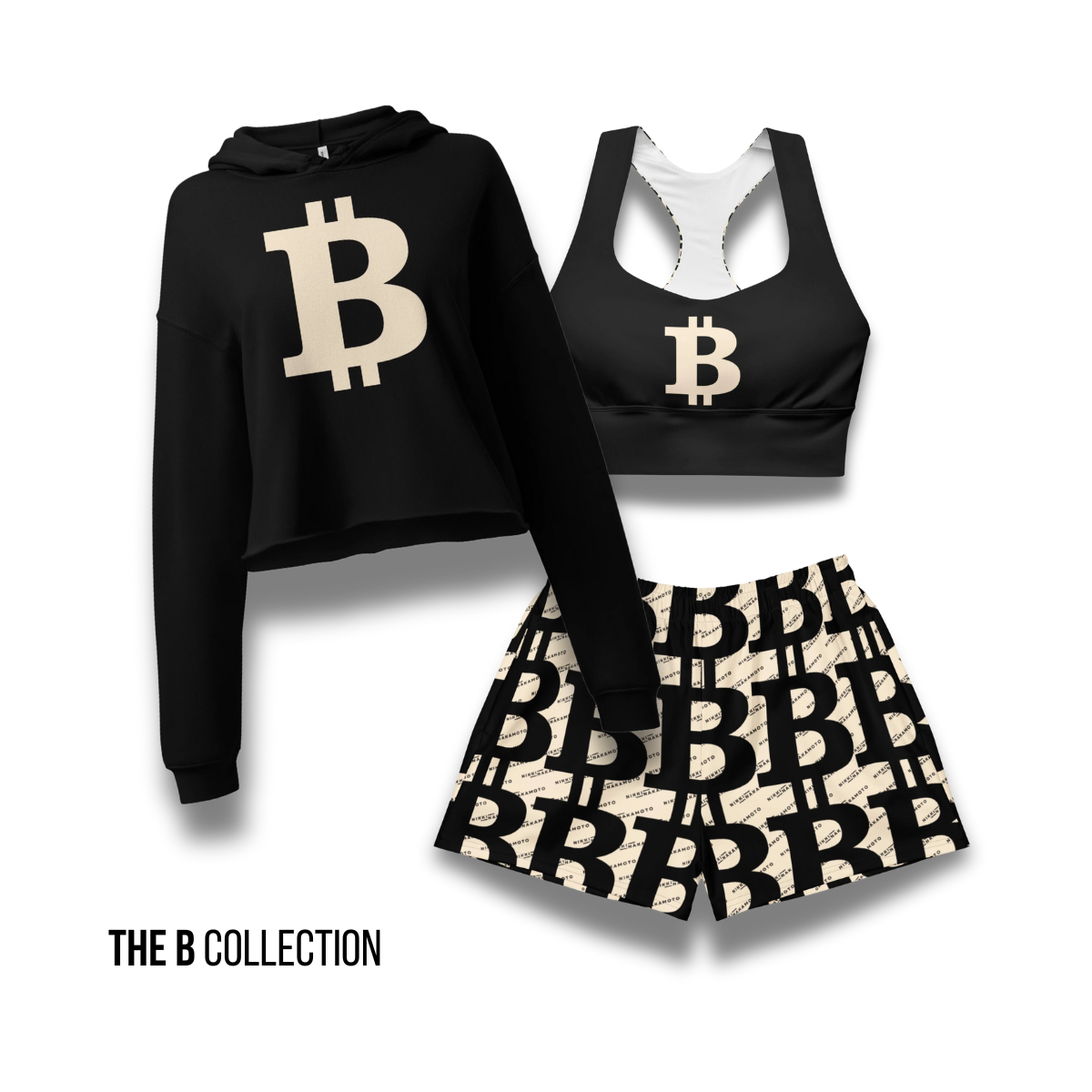Bitcoin activewear by Nikki Nakamoto at The Orange Habit - black and white bitcoin b clothing