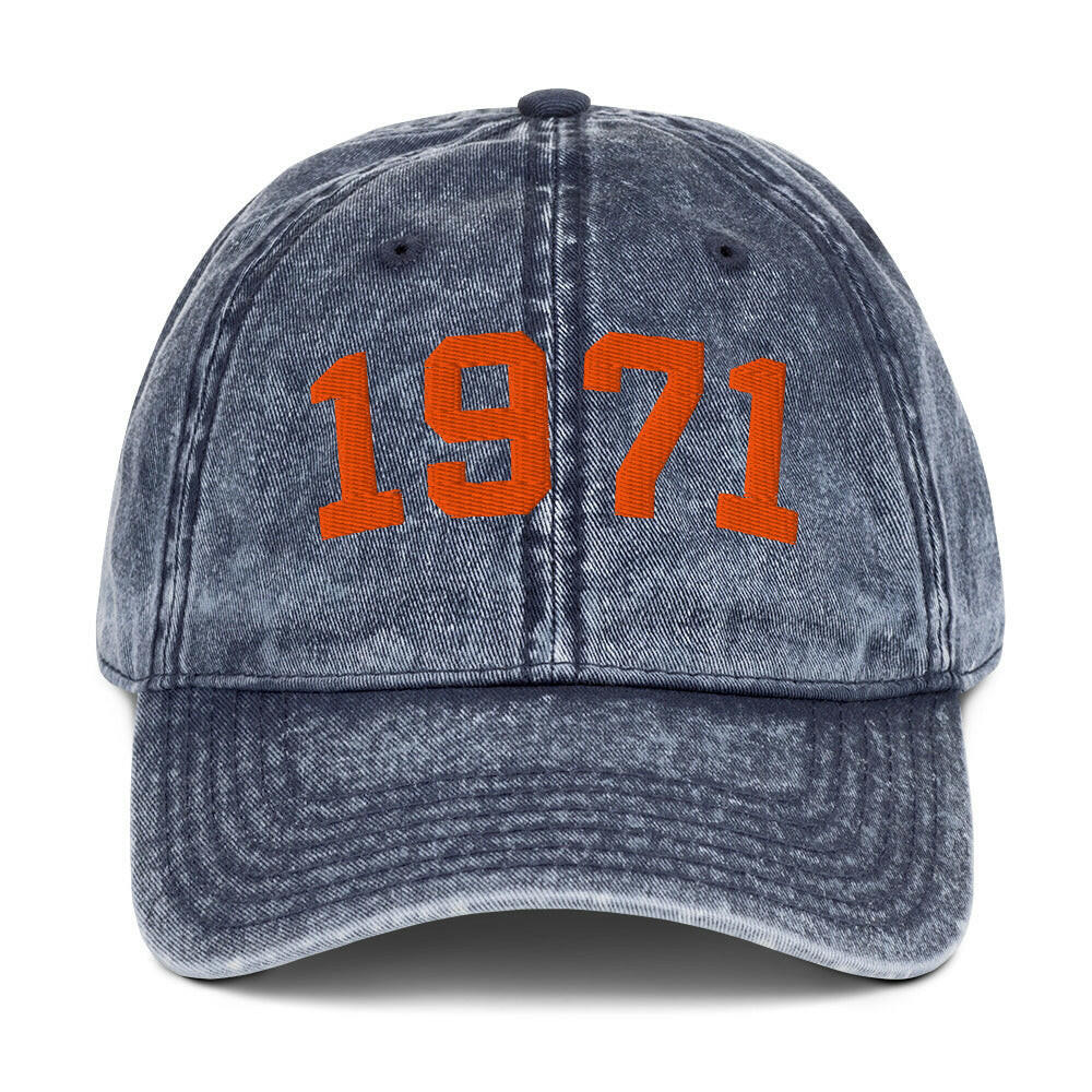 Blue and orange Vintage Bitcoin Dad hat from the 1971 Collection at The Orange Habit