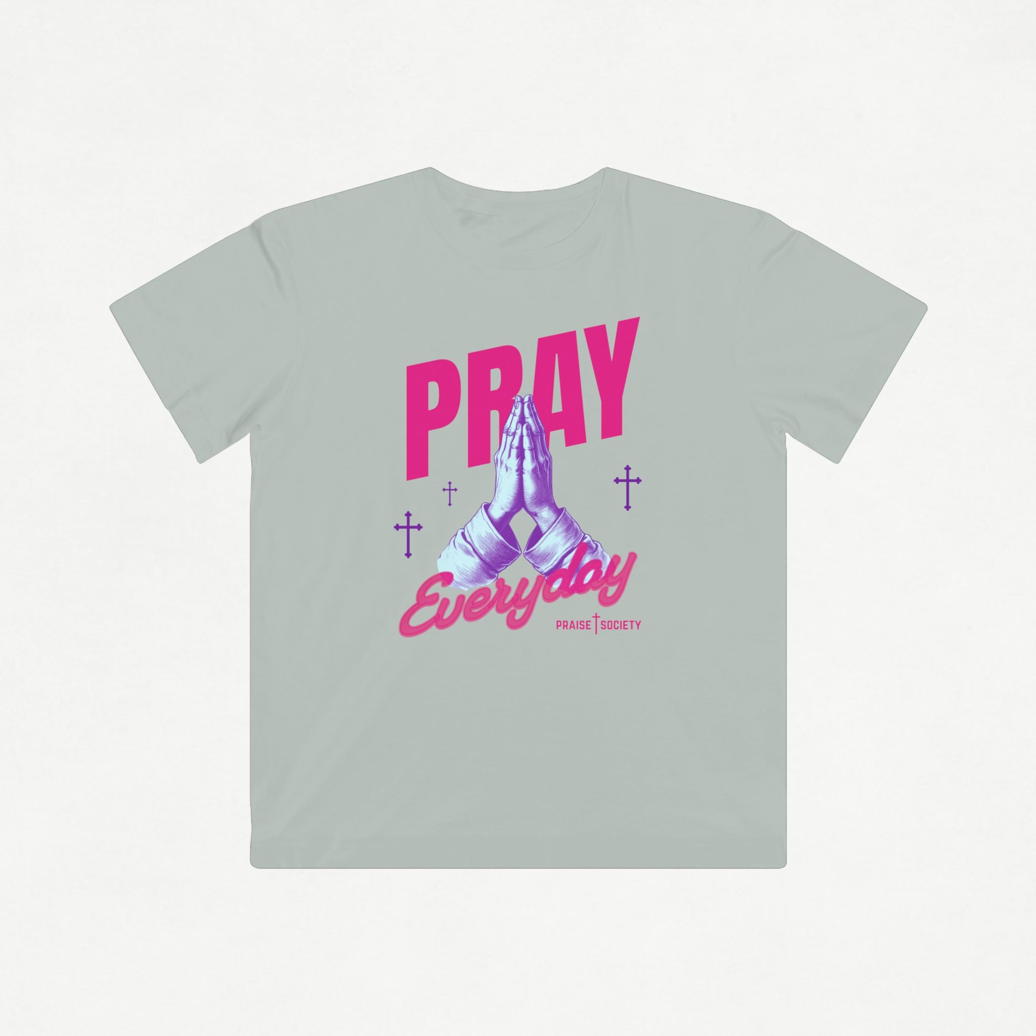 Light gray kids Christian t-shirt with pink and purple 'PRAY Everyday' graphic on a white background