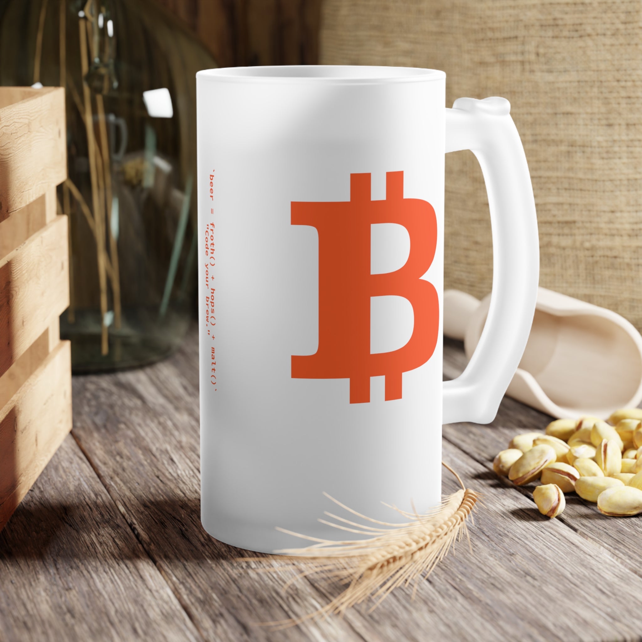 Bitcoin beer mug by orange habit home on display | the Orange habit