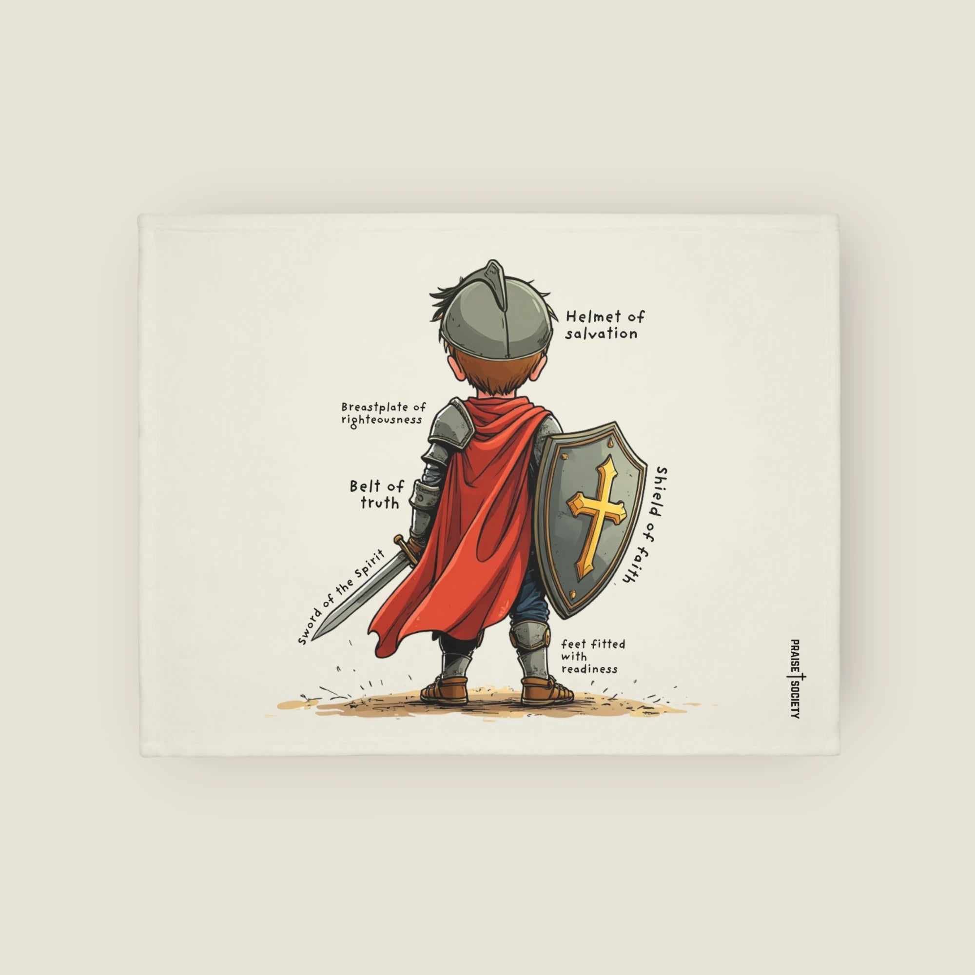Illustration of a child of God in warrior armor of god attire with bible verses on a beige background
