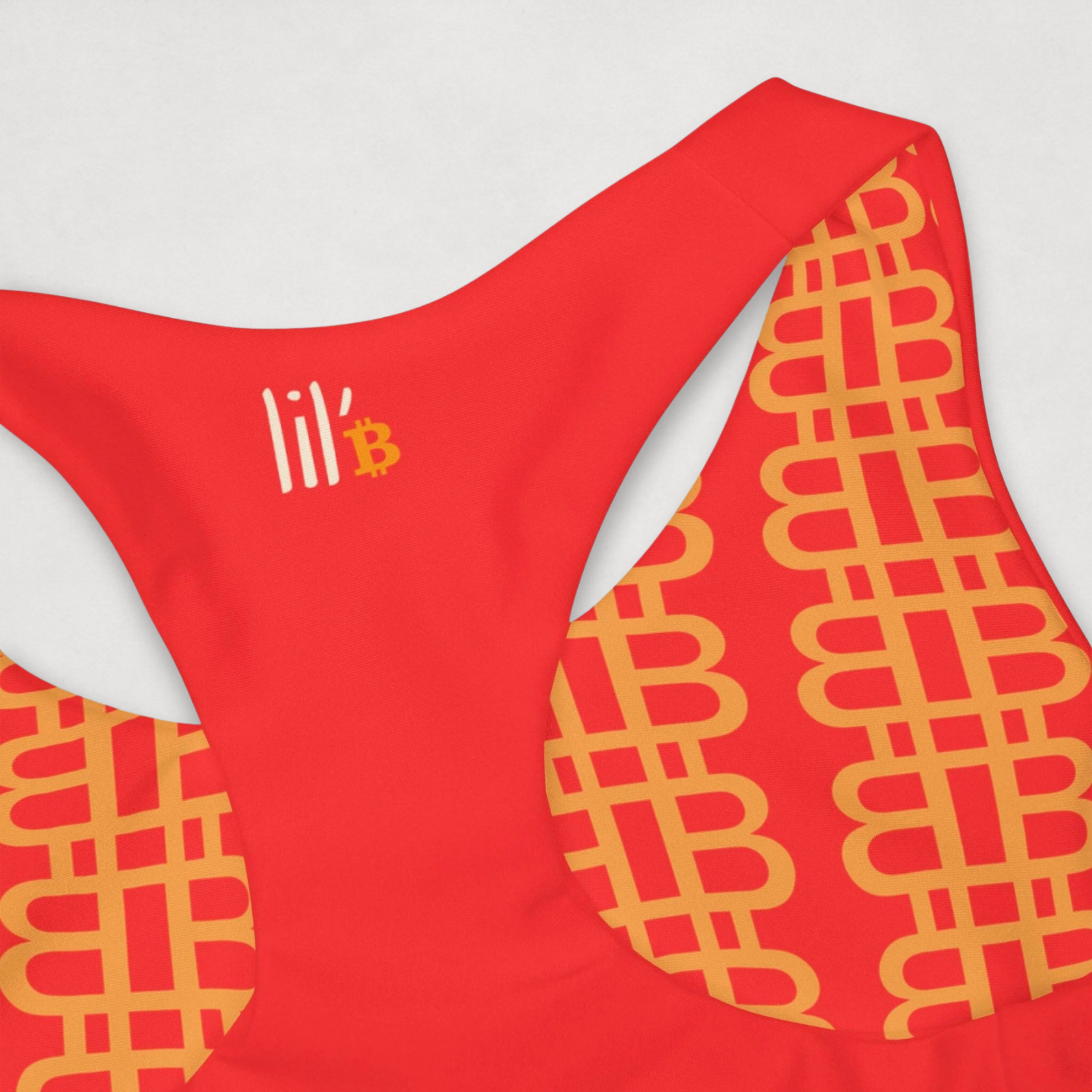 close up of the top back of the Girls Bitcoin Paris Kids Bitcoin Swimsuit by lil'B