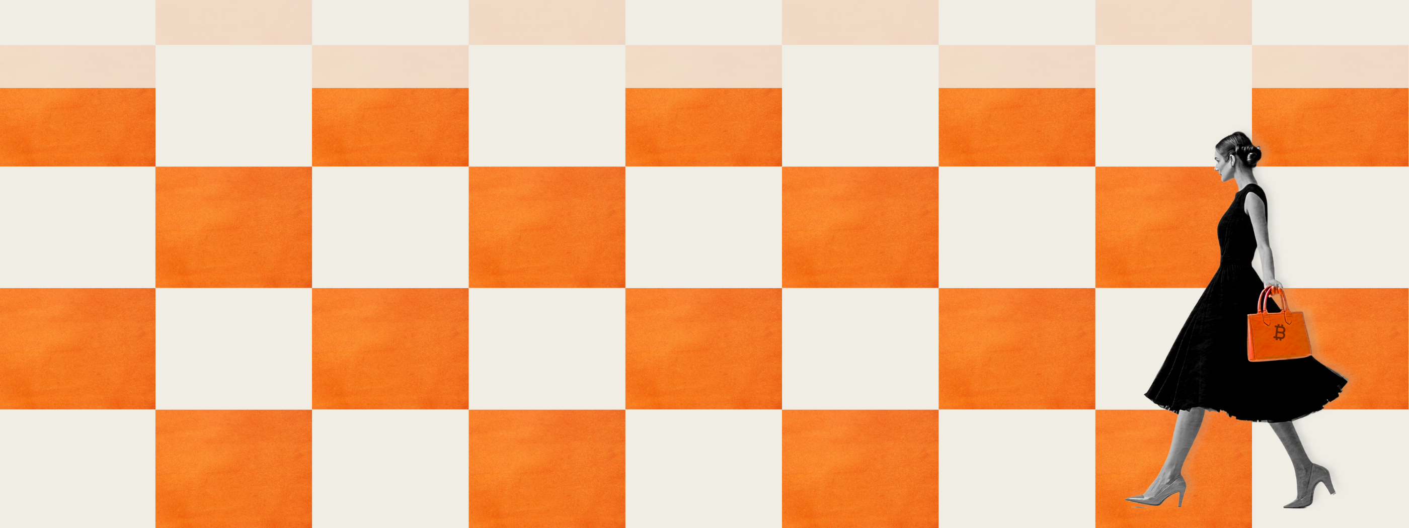 Bitcoin bags at The Orange Habit -Woman walking on orange and white background