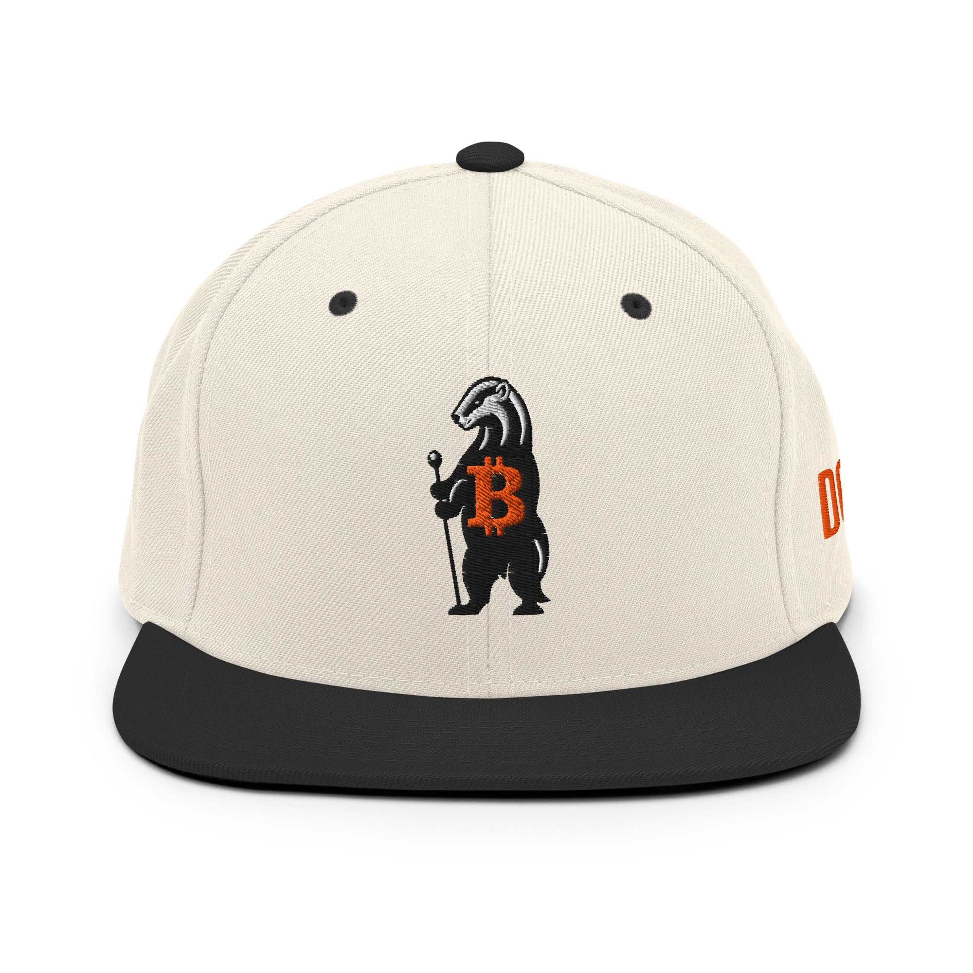 Bitcoin Honey Badger DGAF Snapback Hat – structured, high-profile, flat visor, bold Bitcoin design