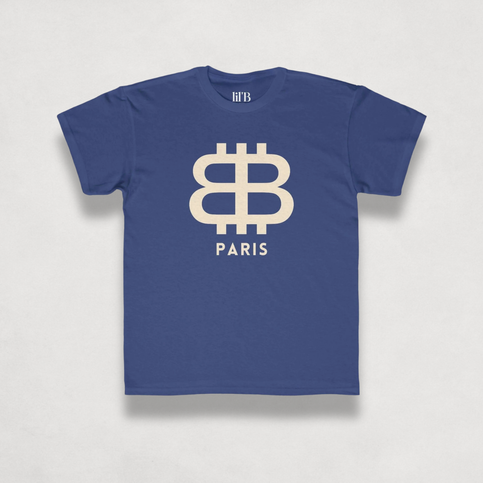 front view of the Bitcoin Paris Kids Tee in royal blue by lil'B