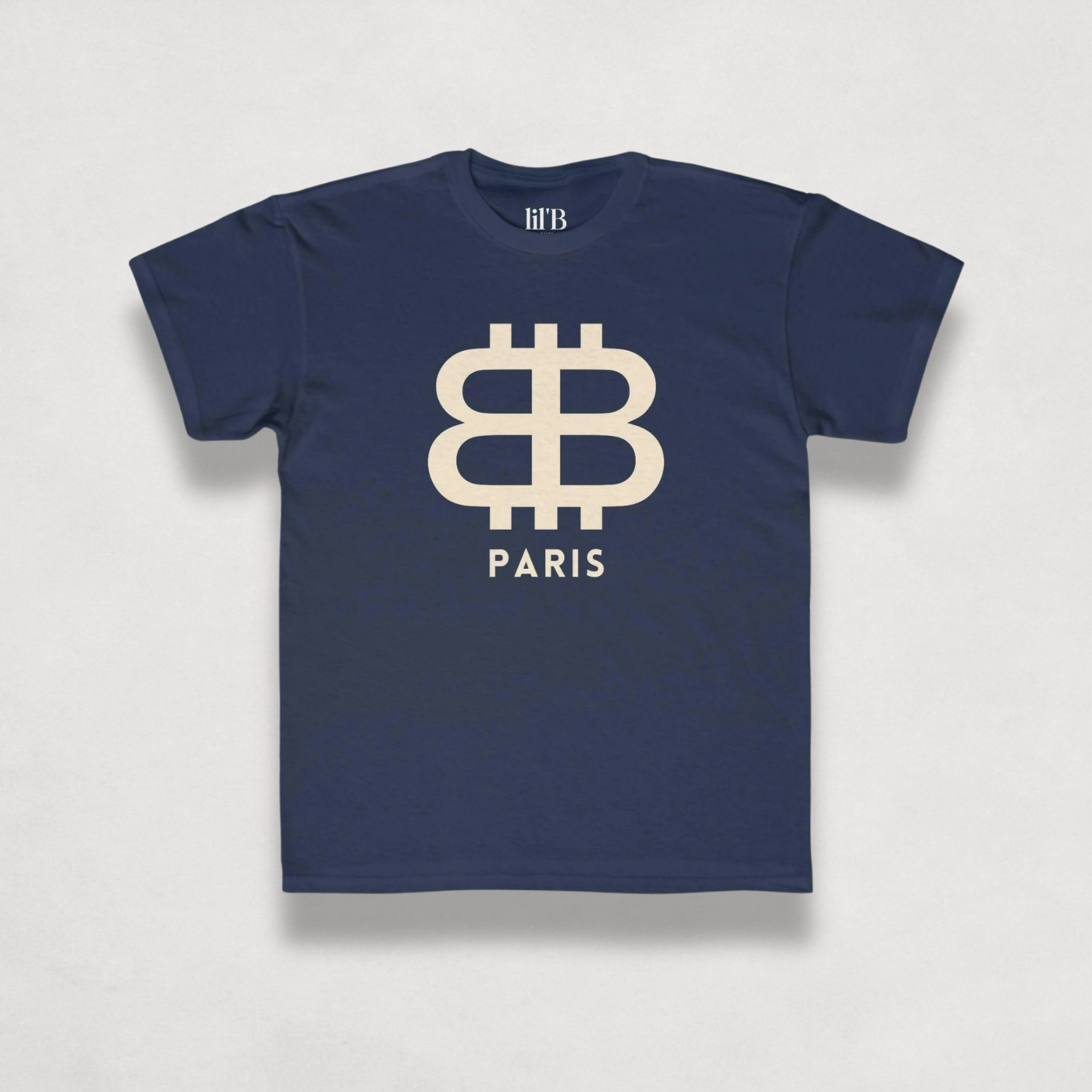 front view of the Bitcoin Paris Navy blue Kids Tee by lil'B | The Orange Habit