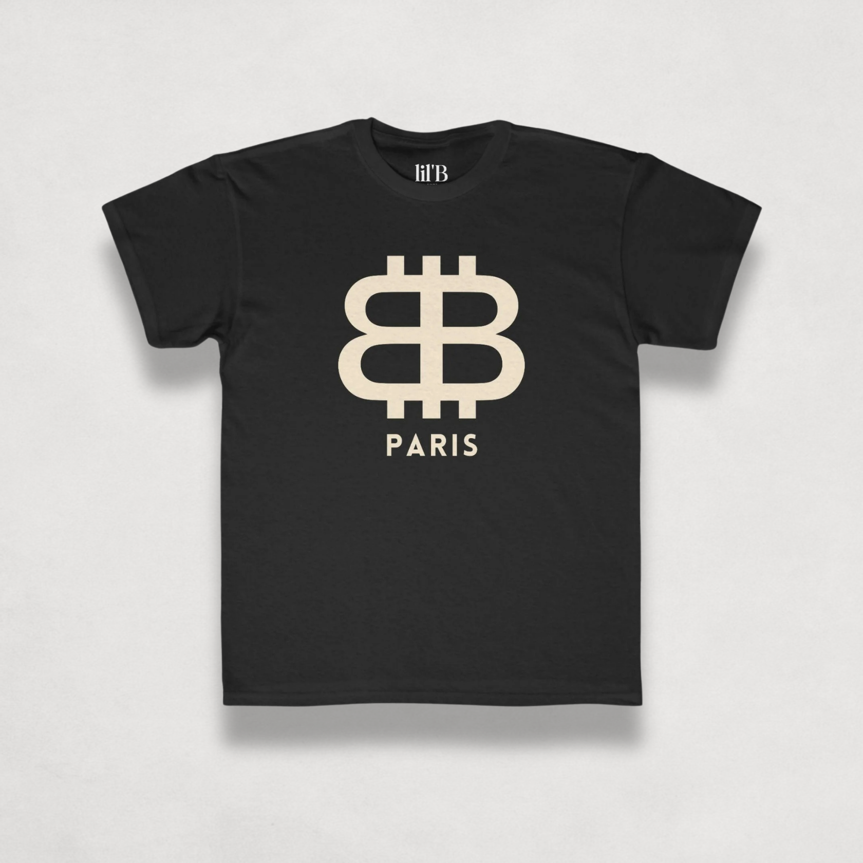 front view of the Bitcoin Paris Kids Tee in black by lil'B | The Orange Habit