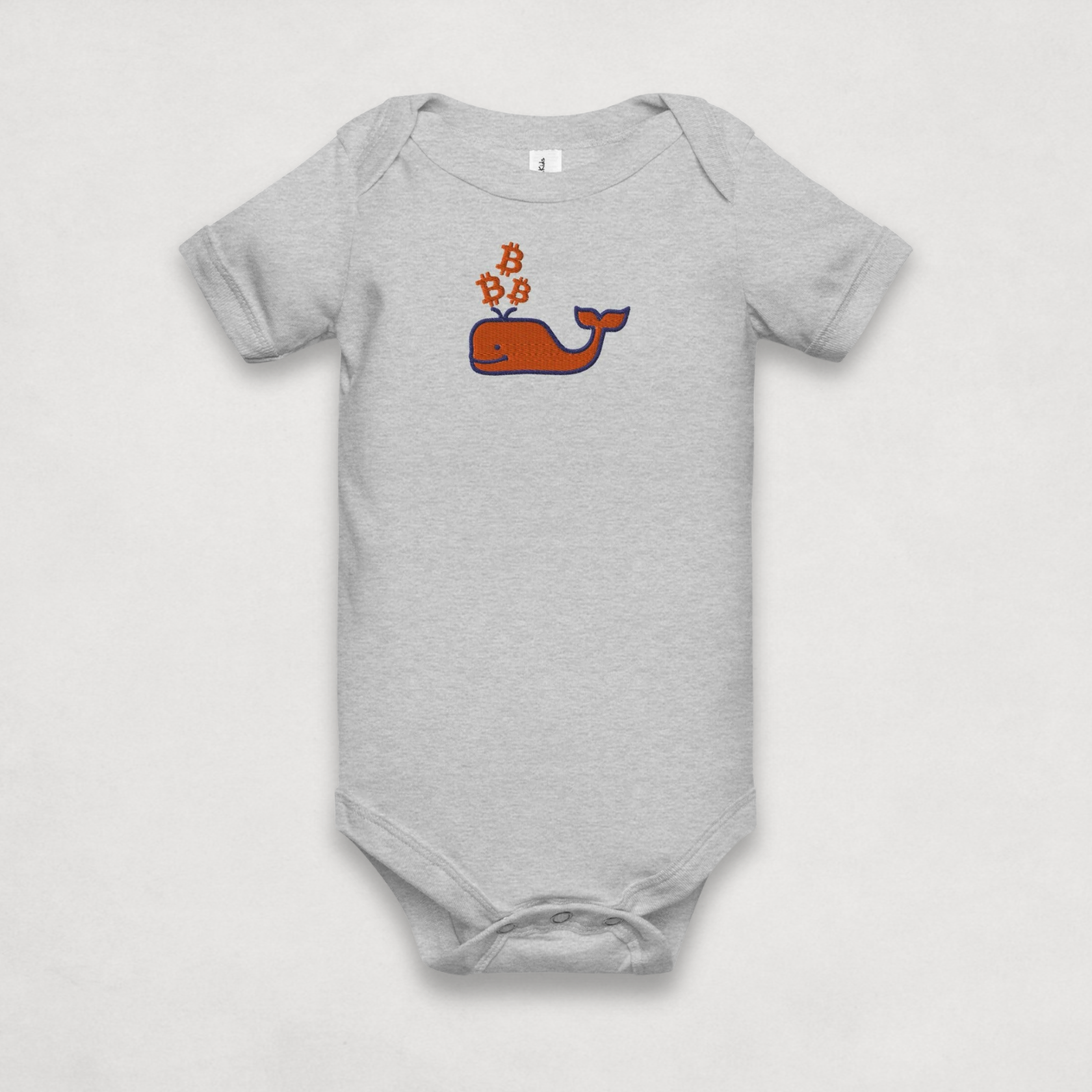 Heather Grey Bitcoin Onesie for Infants by the Bitcoin Whale Collection by lil'B
