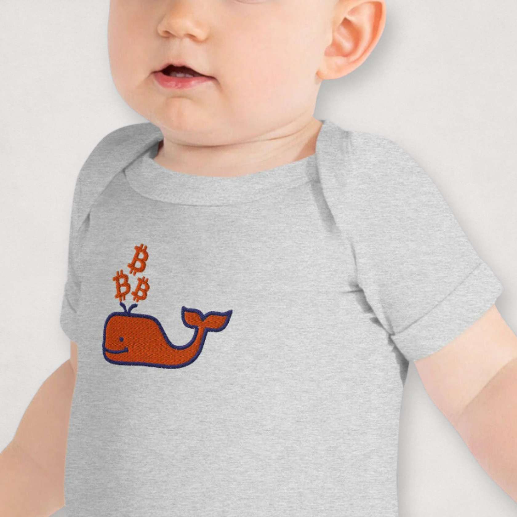 Heather Grey Bitcoin Onesie for Infants by the Bitcoin Whale Collection by lil'B
