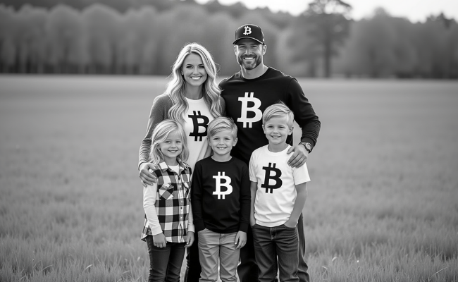 Family of five wearing Bitcoin-themed clothing from the orange habit standing in a field.