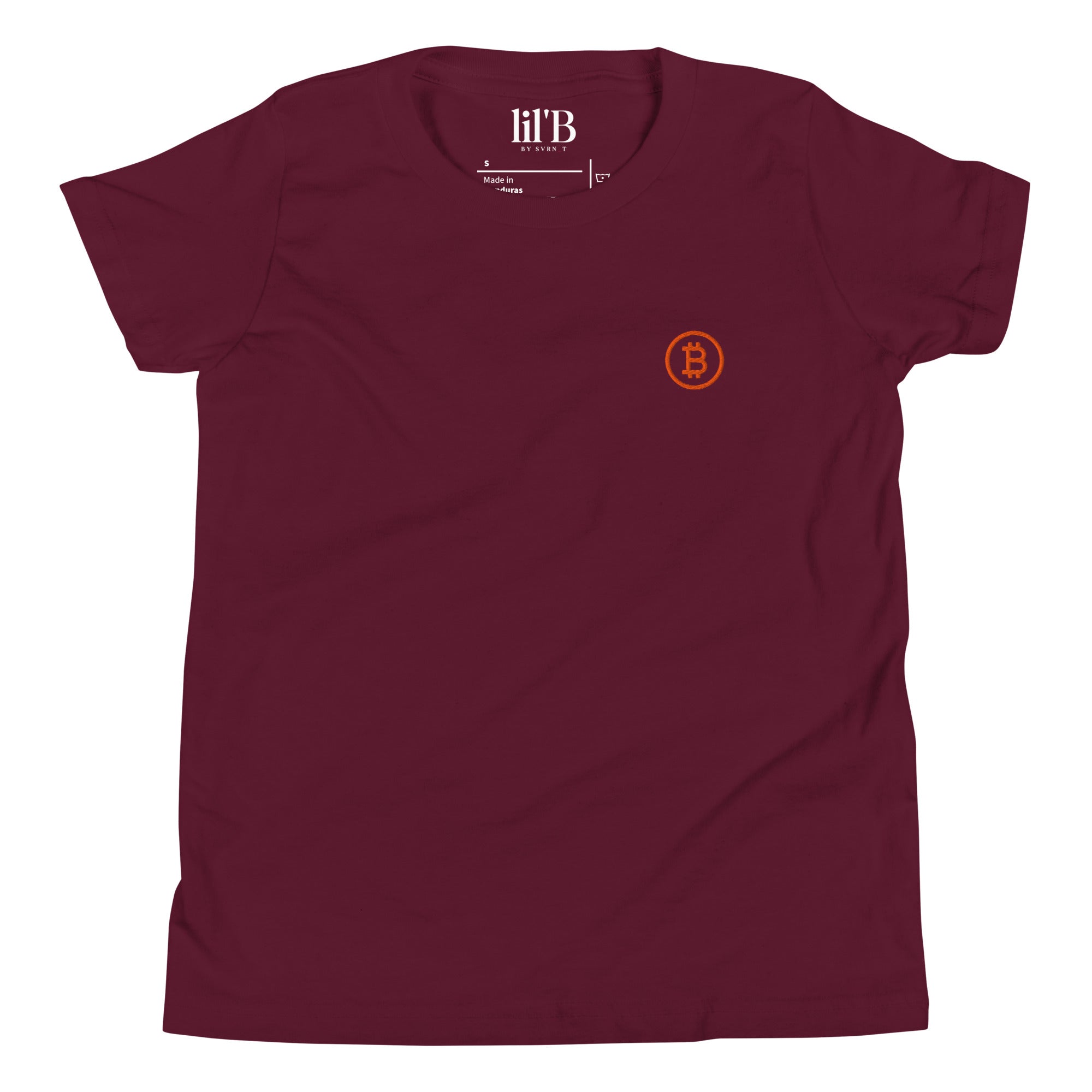 Branded kids Bitcoin t-shirt featuring a bold Bitcoin “B” design, relaxed fit, soft lightweight fabric in multiple colors for boys and girls.