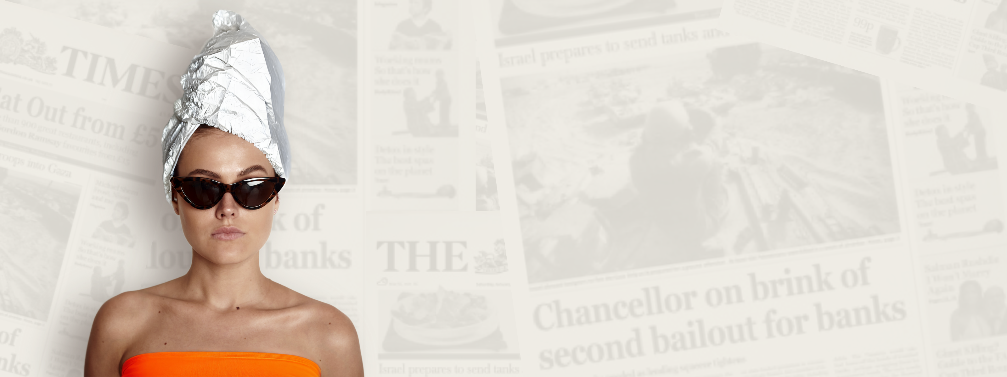 The Orange Habit Bitcoin Apparel Home Page Image with Woman wearing tinfoil hat and orange dress