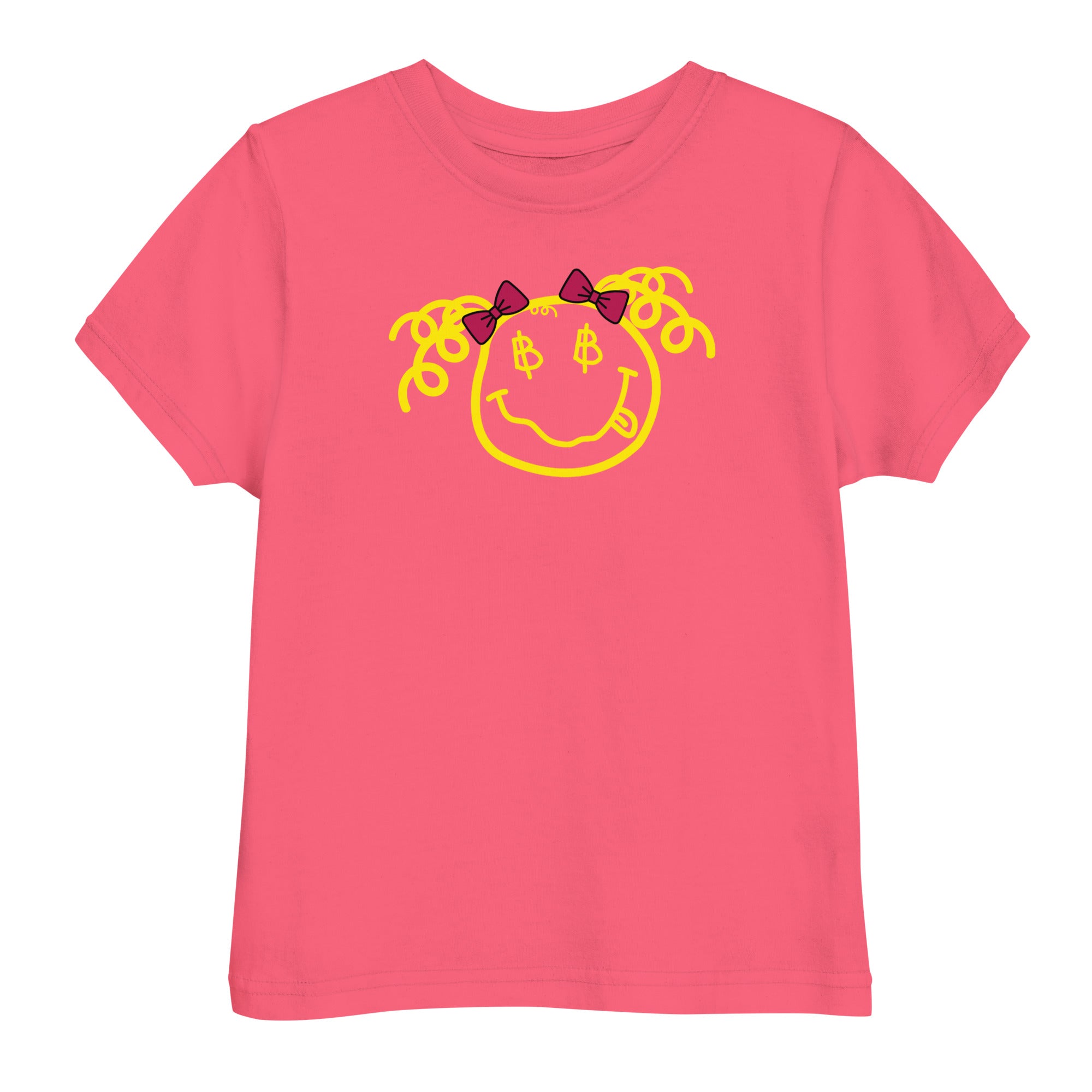 Girls toddler T-shirt featuring a yellow smiley face with Bitcoin B eyes, curly pigtails, and bows. Soft cotton Bitcoin apparel by lil’B.