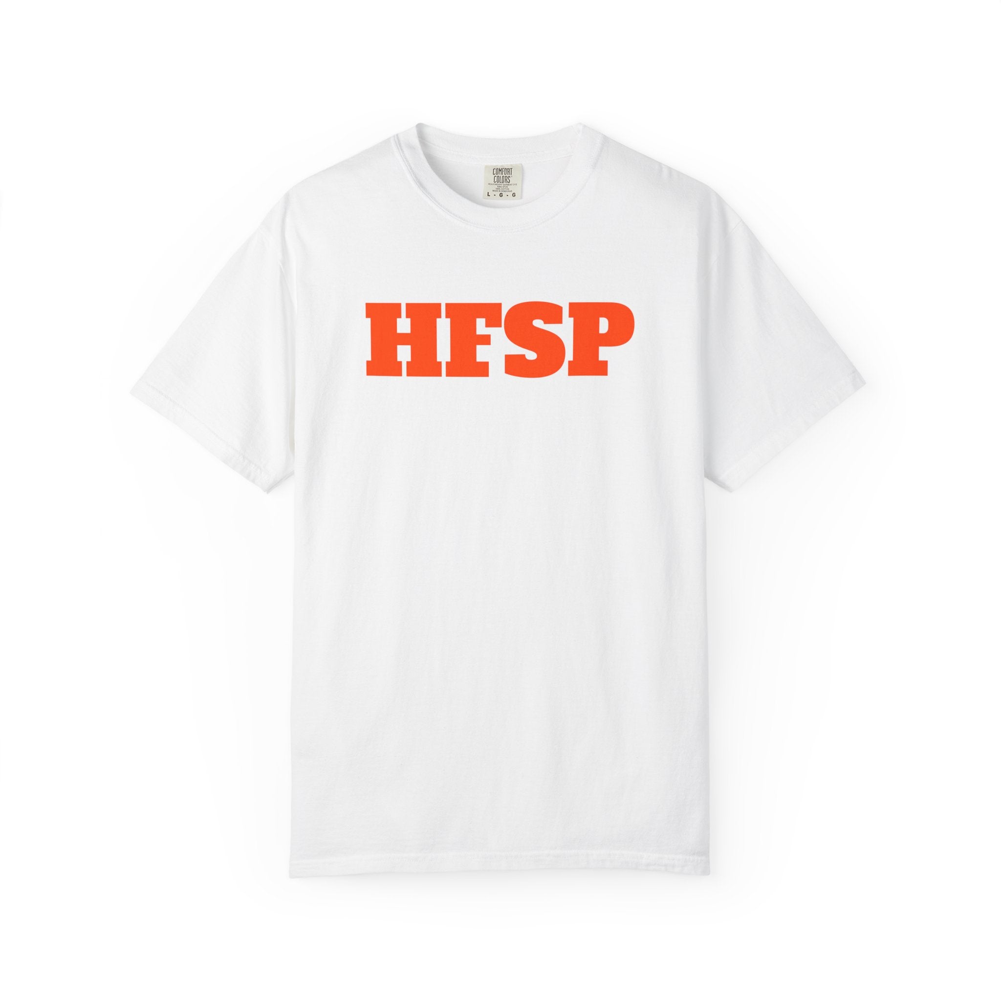 White HFSP t-shirt with 'HFSP' Bitcoin slang printed in orange on a white background