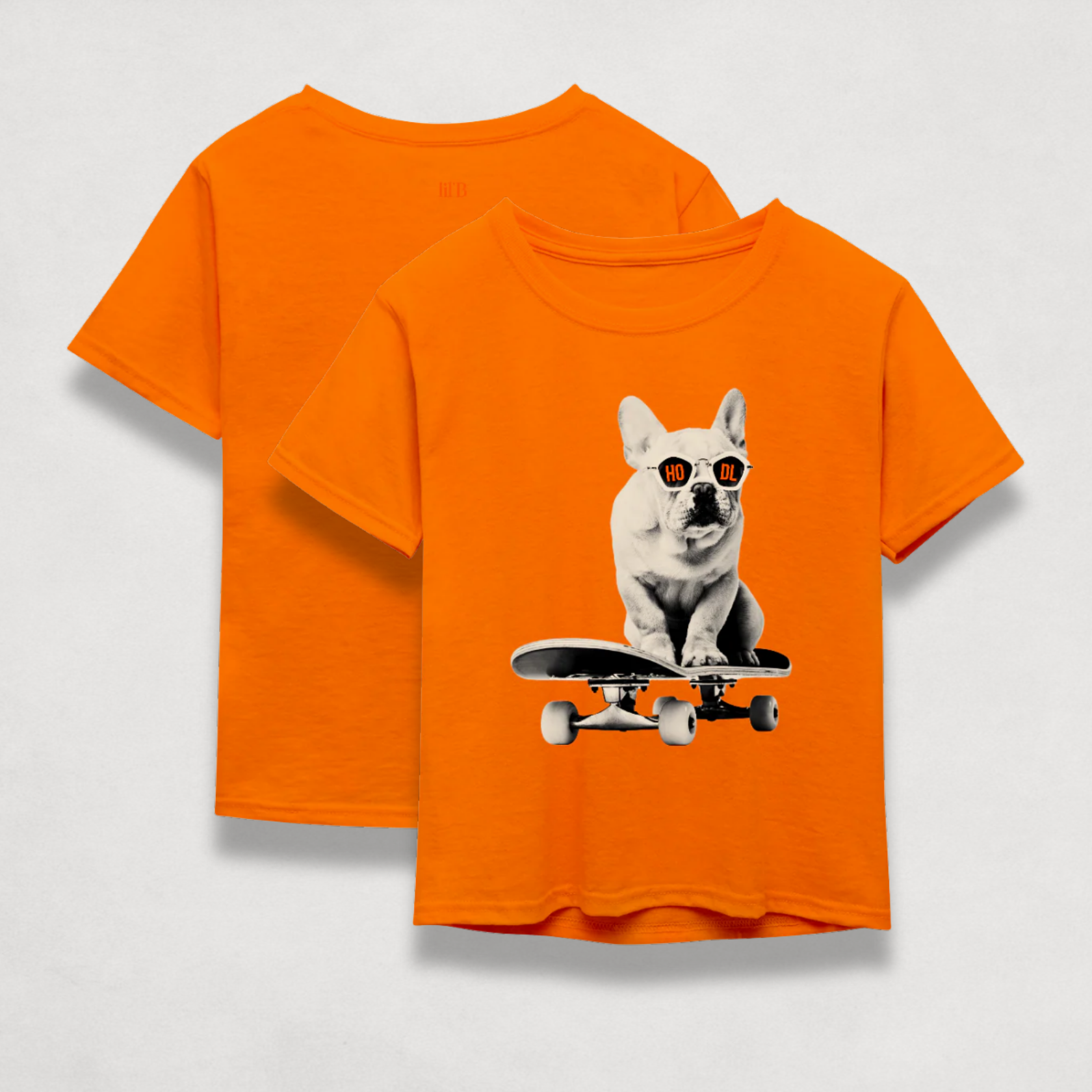 front and back of the HODL Dog Kids Tee in orange by lil'B