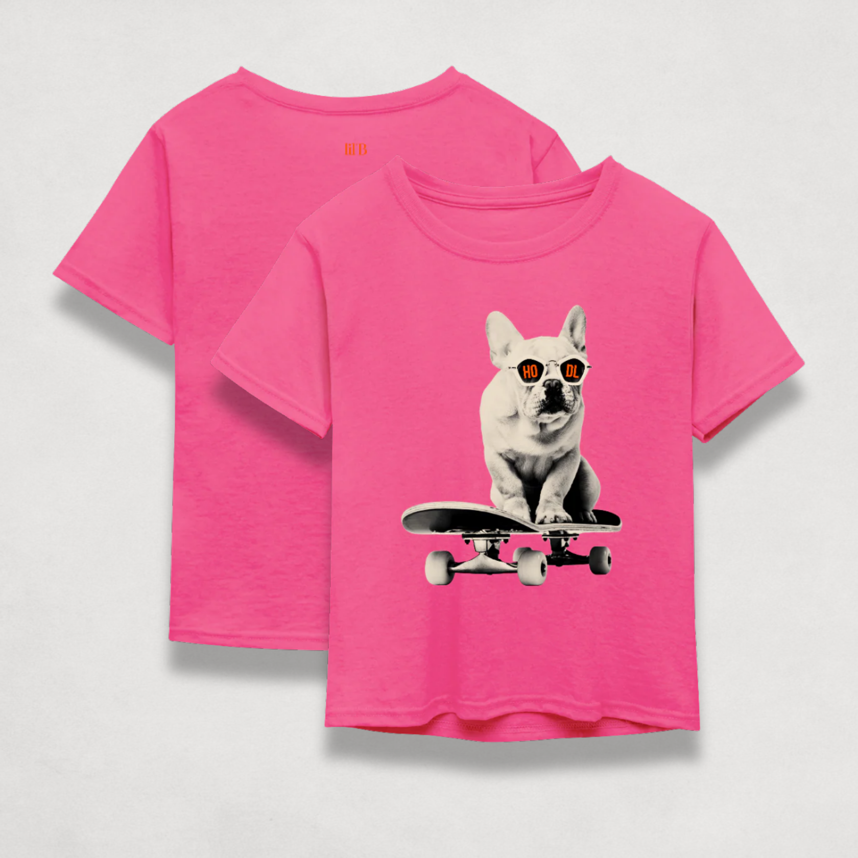 front and back of the HODL Dog Kids Tee in pink by lil'B