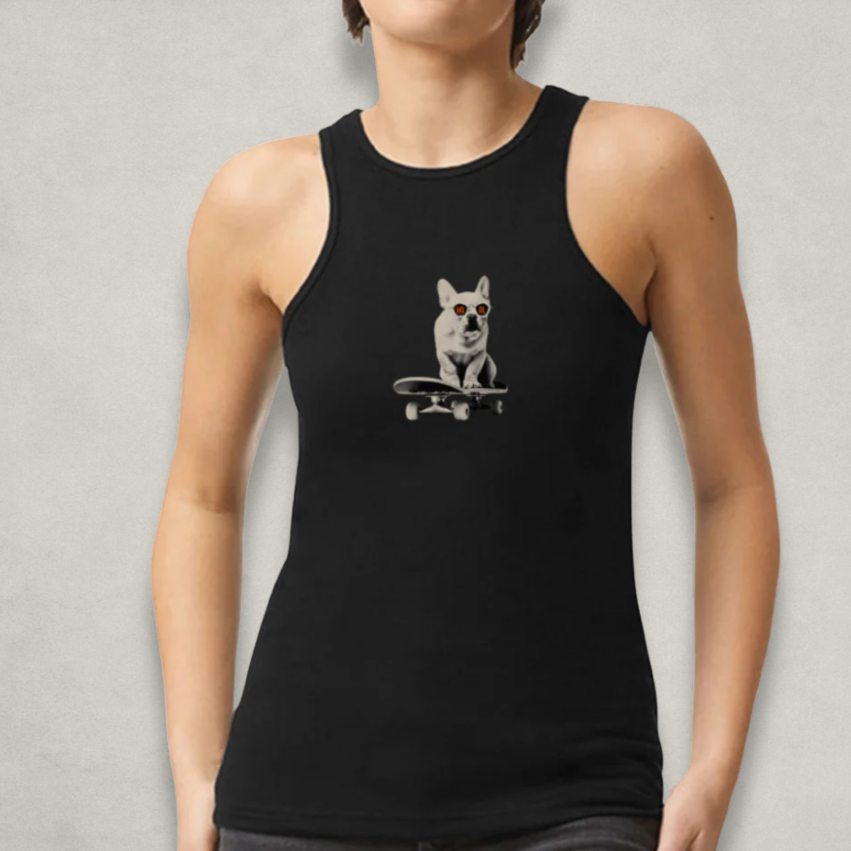 Woman wearing the HODL Dog Black Racerback Tank Top by Nikki Nakamoto Front view