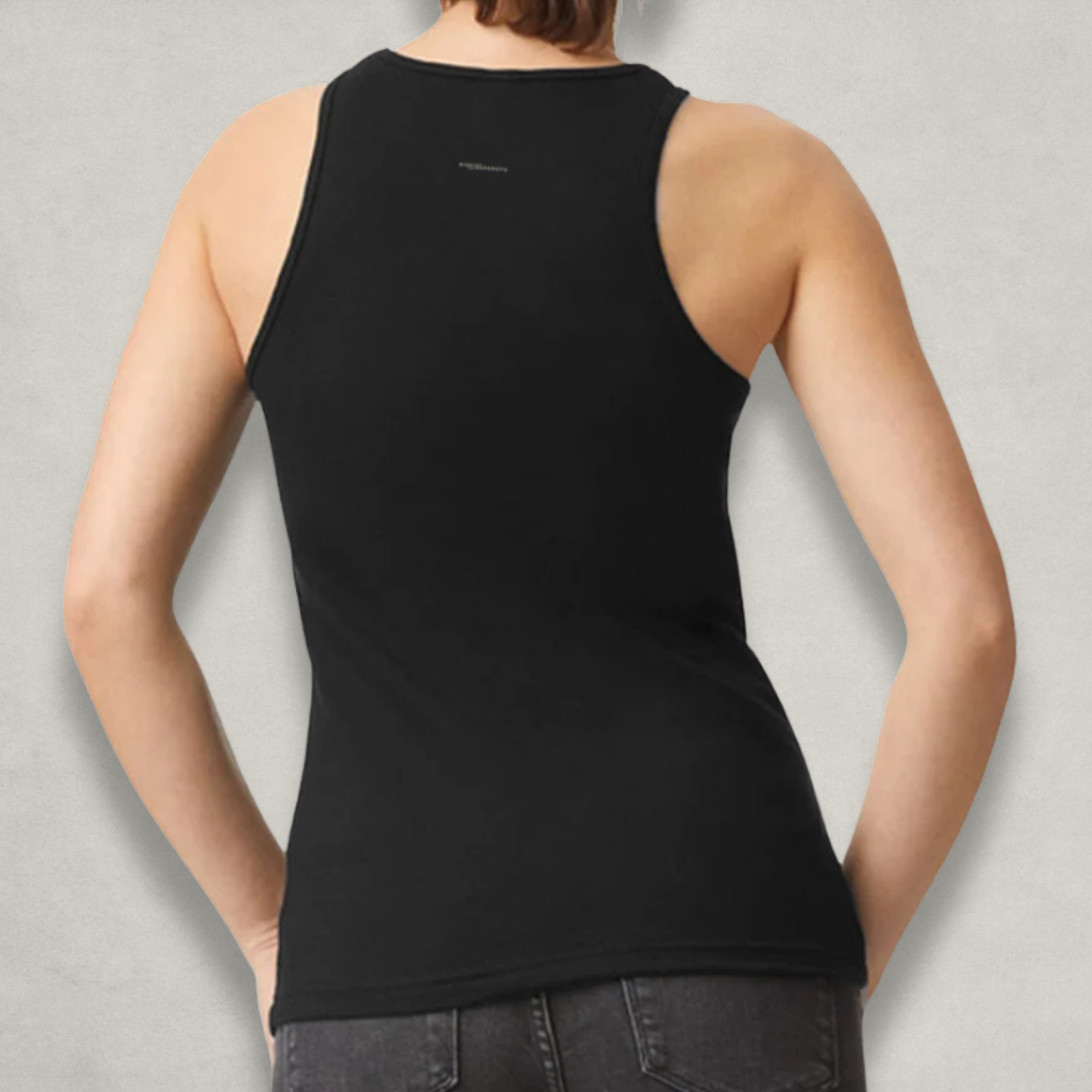 Woman wearing the HODL Dog Black Racerback Tank Top by Nikki Nakamoto back view