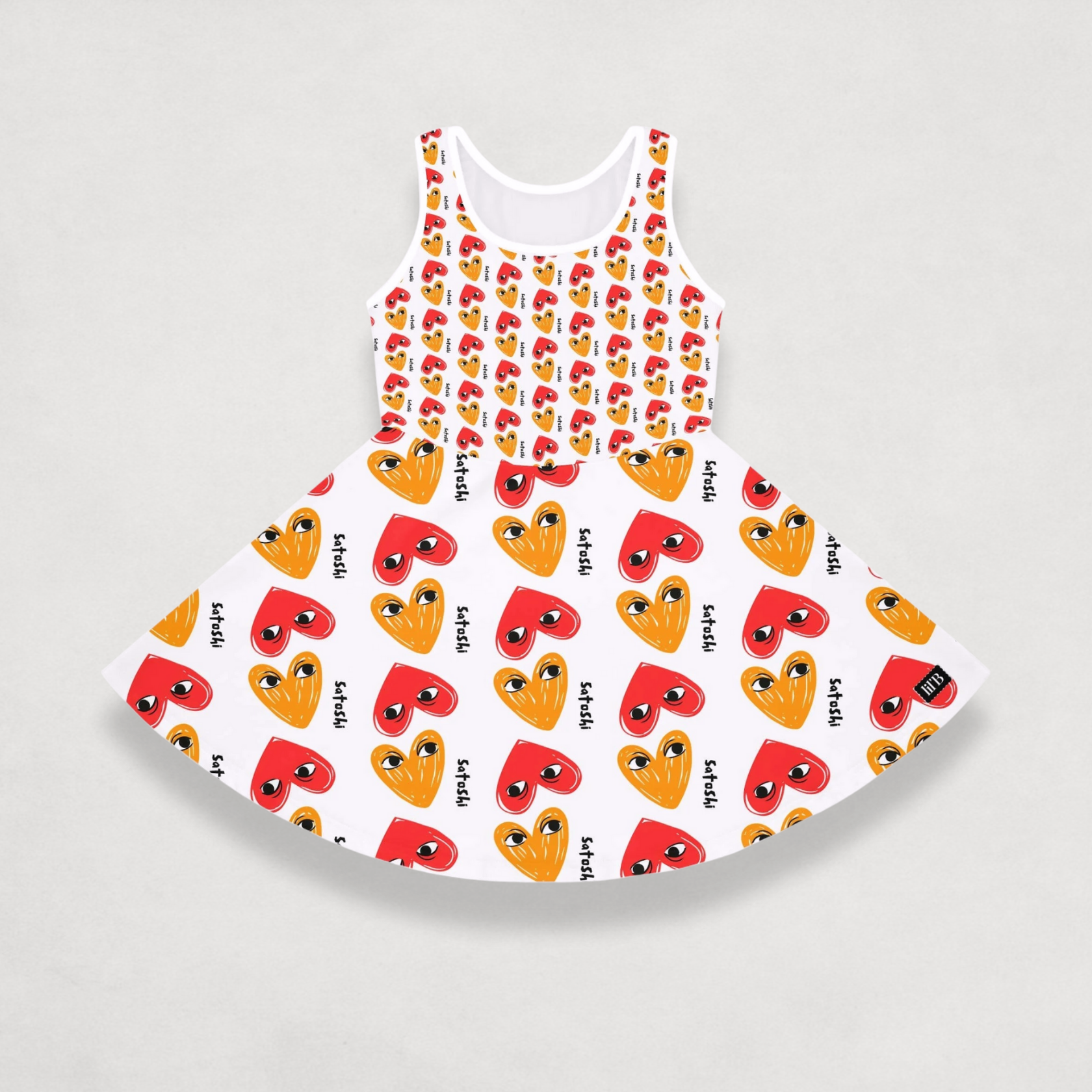 front of the I heart Satoshi Girls Bitcoin Dress by lil'B at The Orange Habit